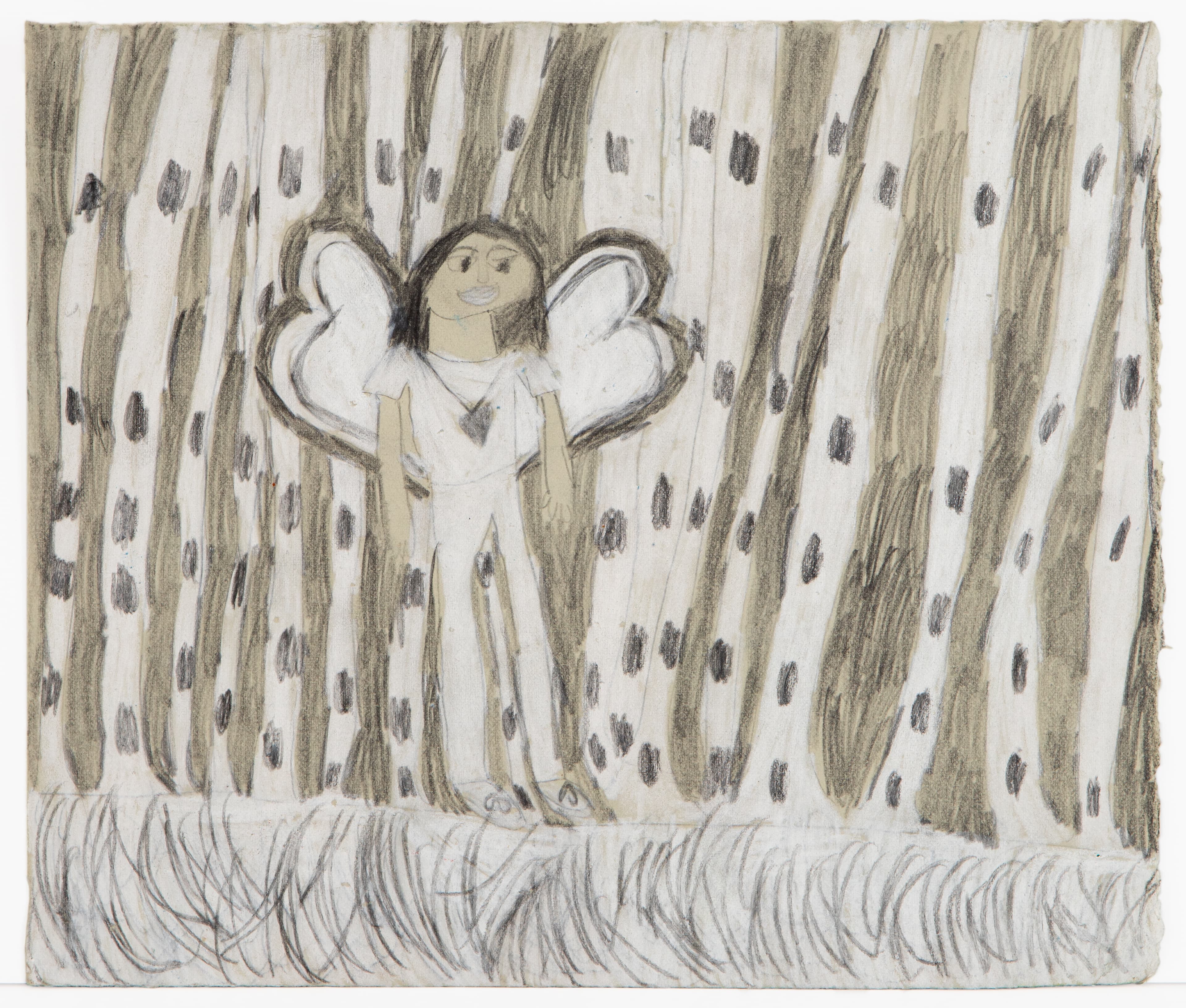 Pencil drawing of winged figure standing in forest with vertical tree trunks and textured ground