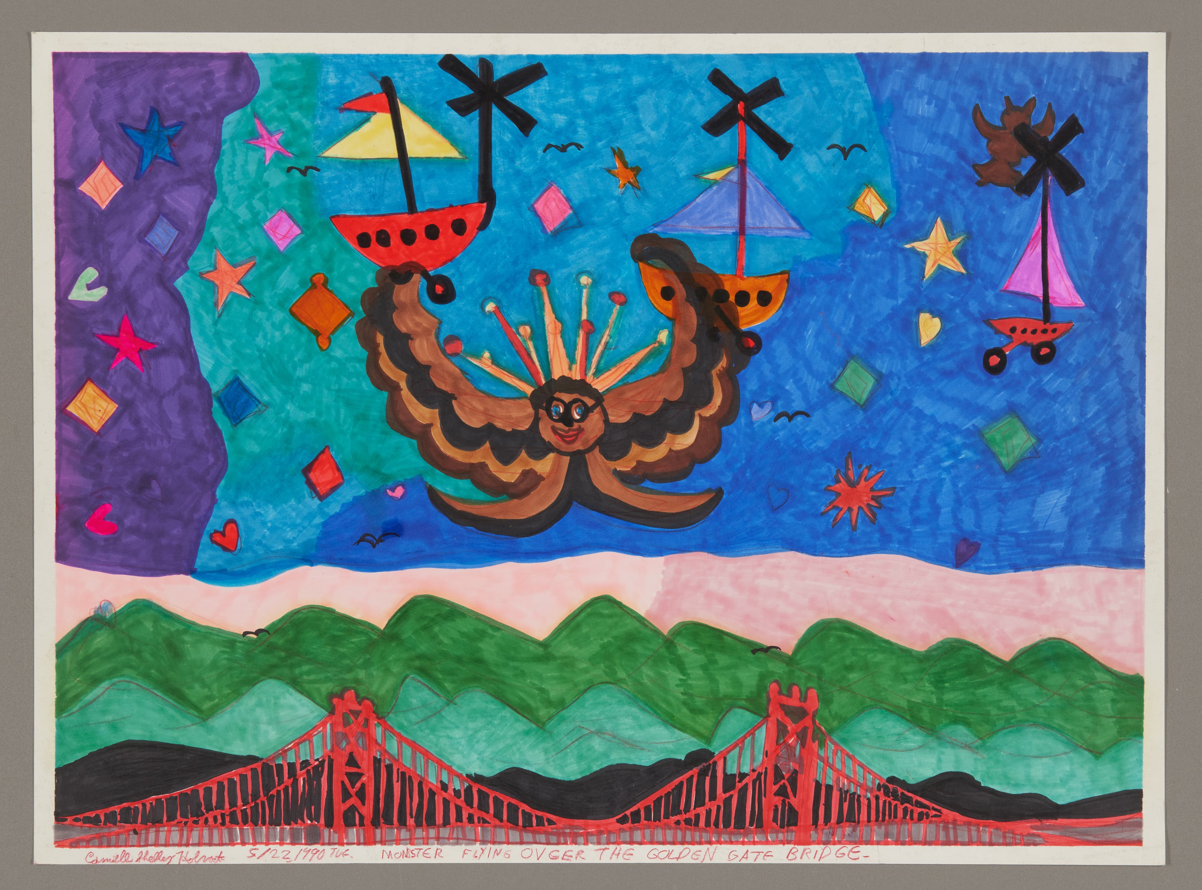 Colorful marker drawing showing fantasy sea creature with ships above Golden Gate Bridge and green hills
