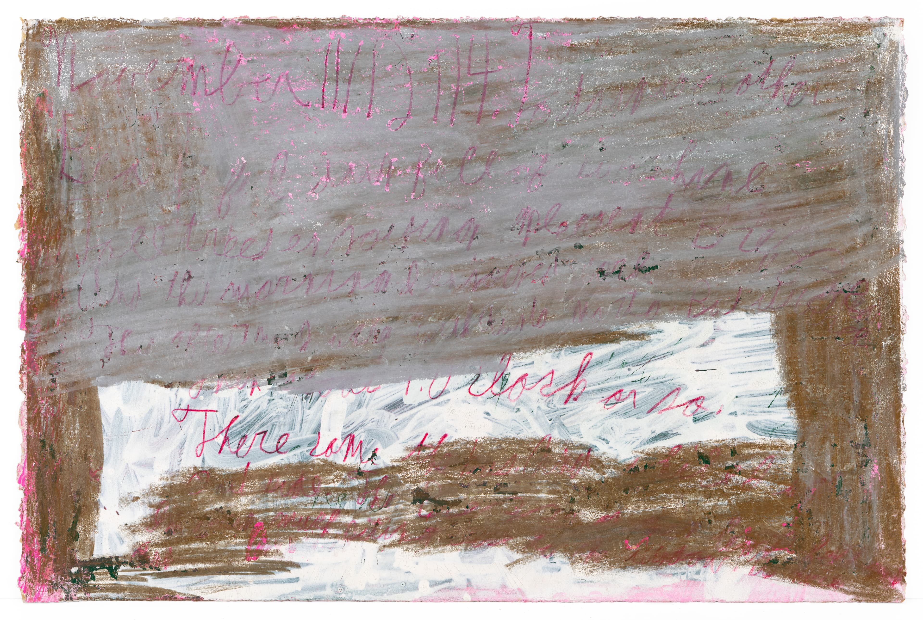 Mixed media artwork with brown and pink layers, white rectangular window, and handwritten text in pink and black ink