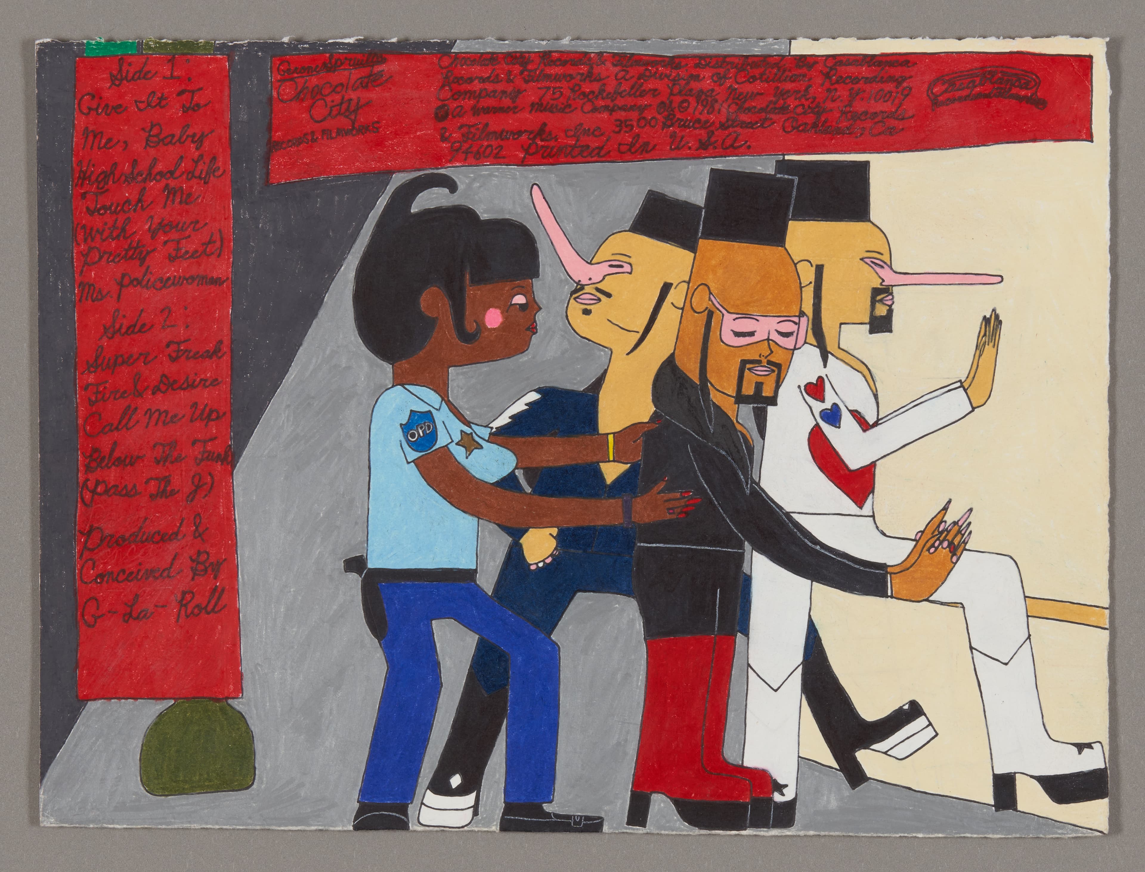 Mixed media drawing showing three figures in an interior scene with red text border and colorful composition