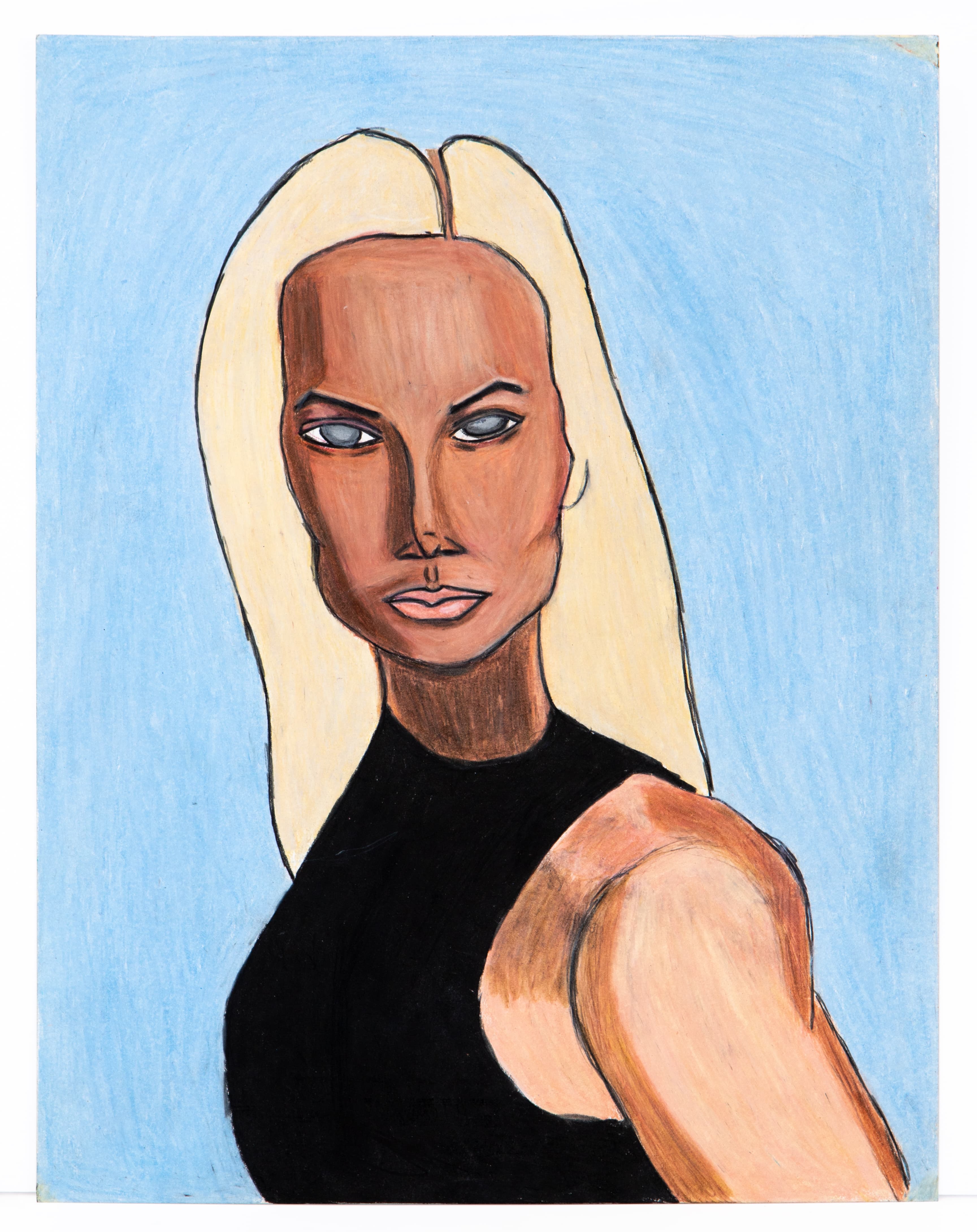 Colored pencil portrait of a figure with long blonde hair and dark skin wearing a black sleeveless top
