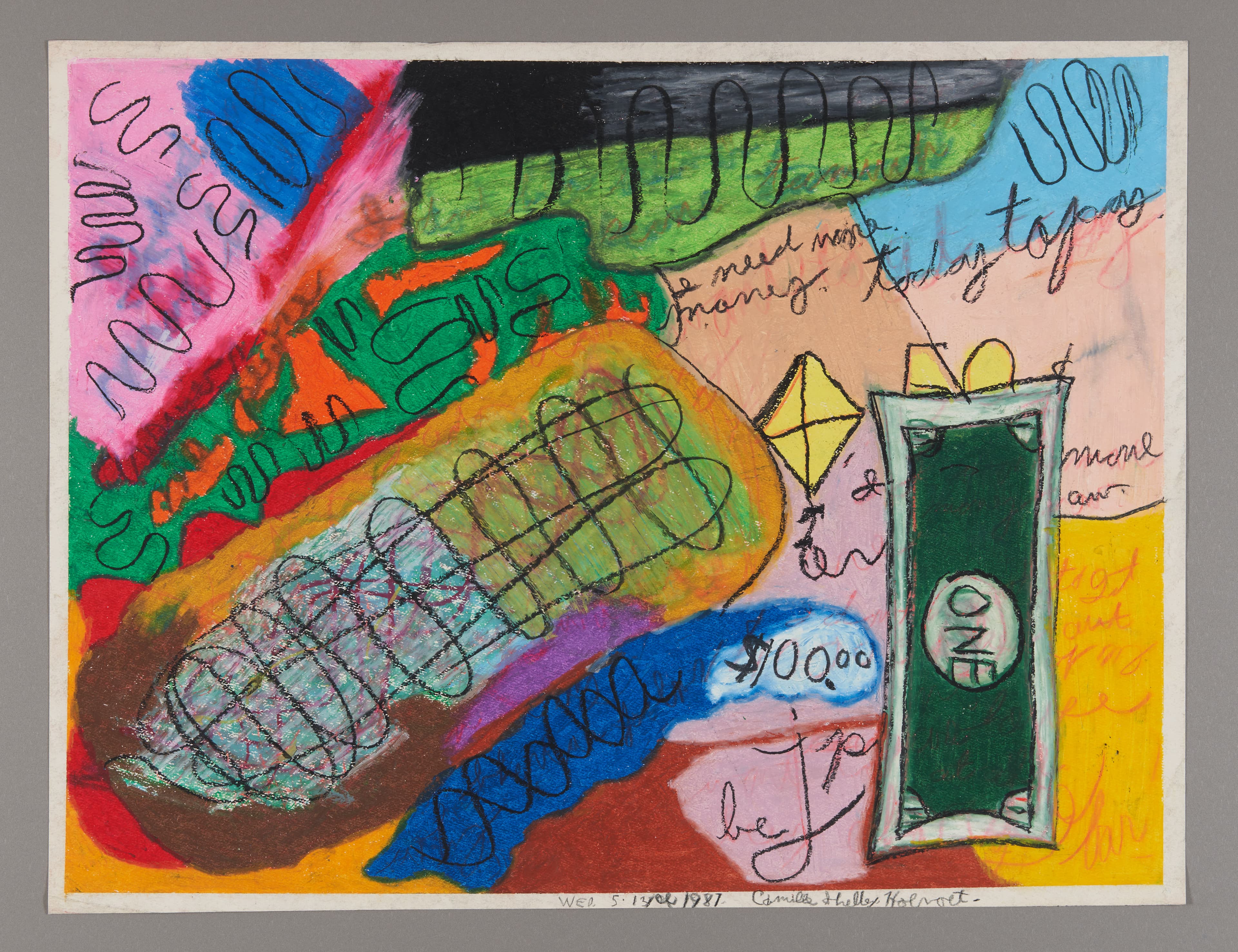 Mixed media drawing with colorful abstract forms, handwritten text, and geometric shapes on paper