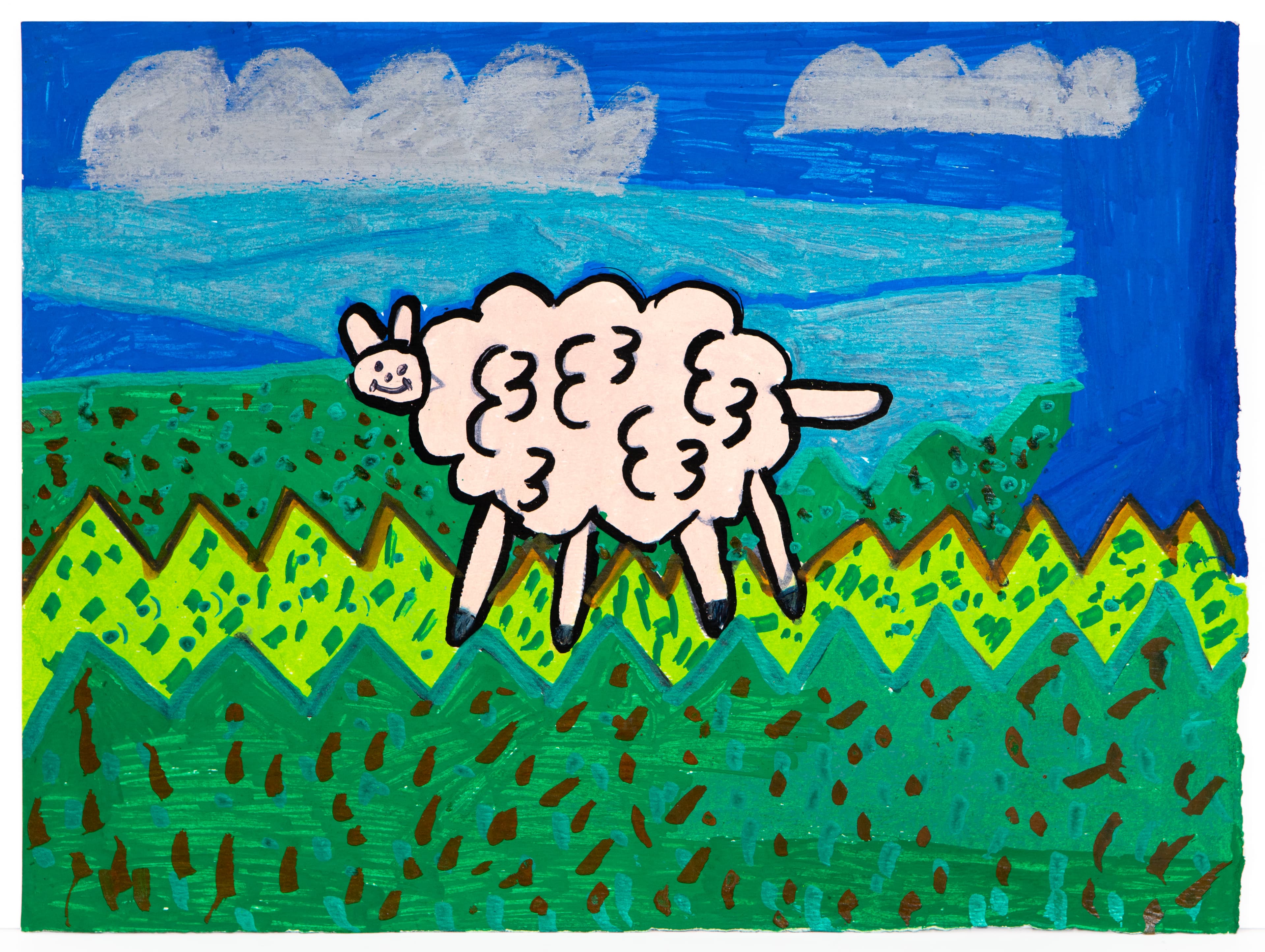 Acrylic painting of white sheep with small rabbit in pastoral landscape with green hills and blue sky