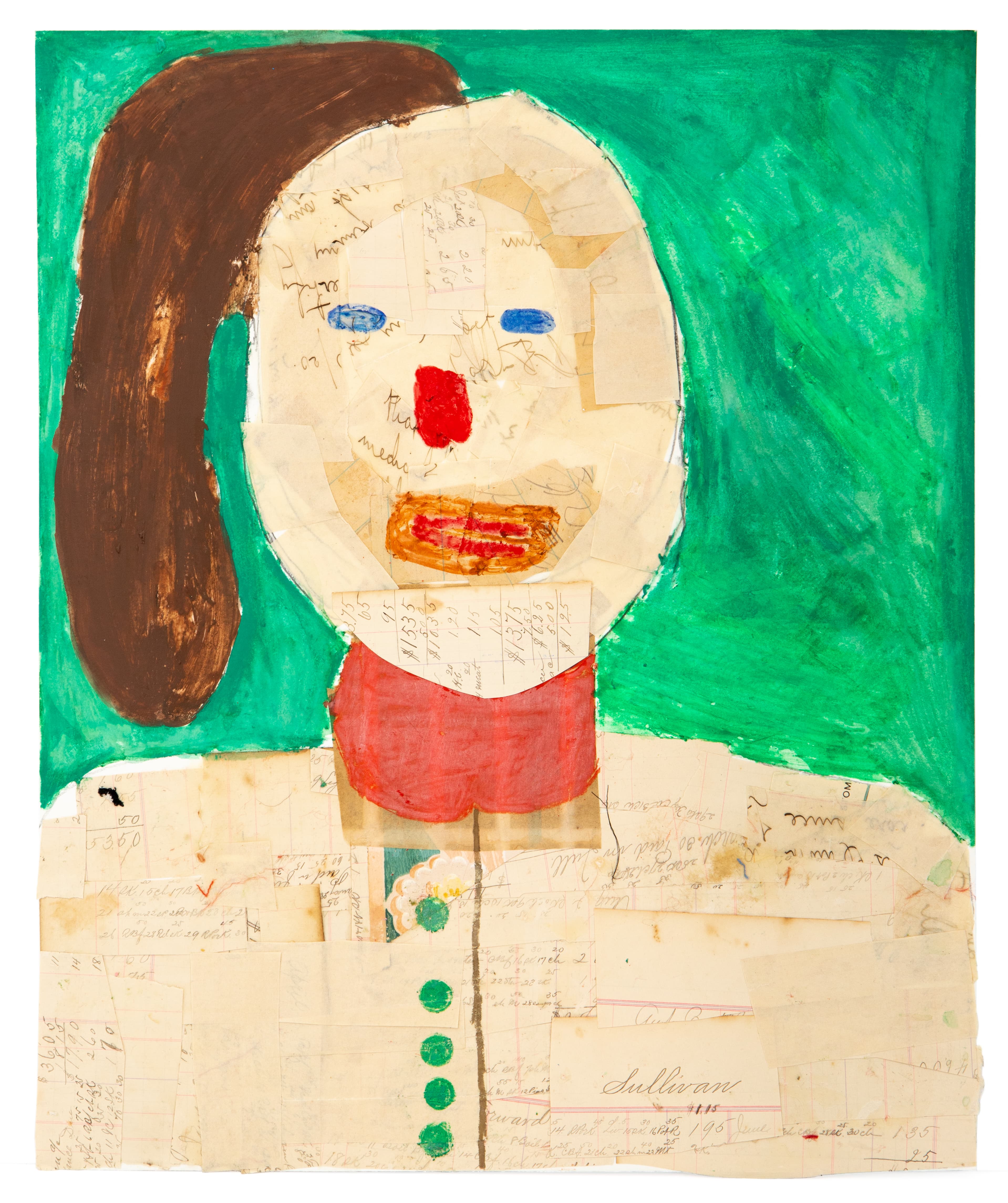 Portrait collage of a figure with brown ponytail, blue eyes, and red lips on bright green background with text elements