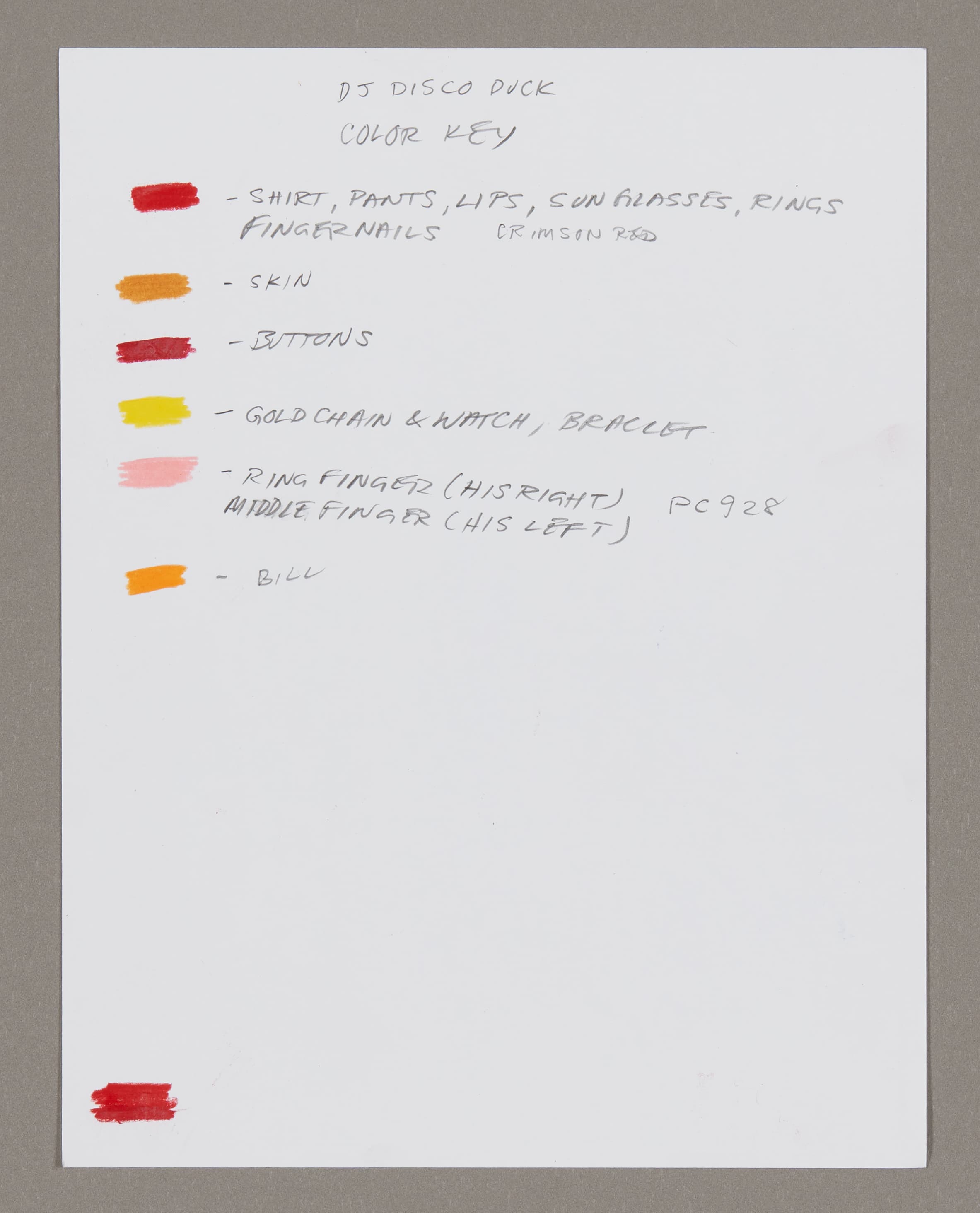 Color key reference sheet with colored swatches and handwritten labels for DJ Disco Duck character