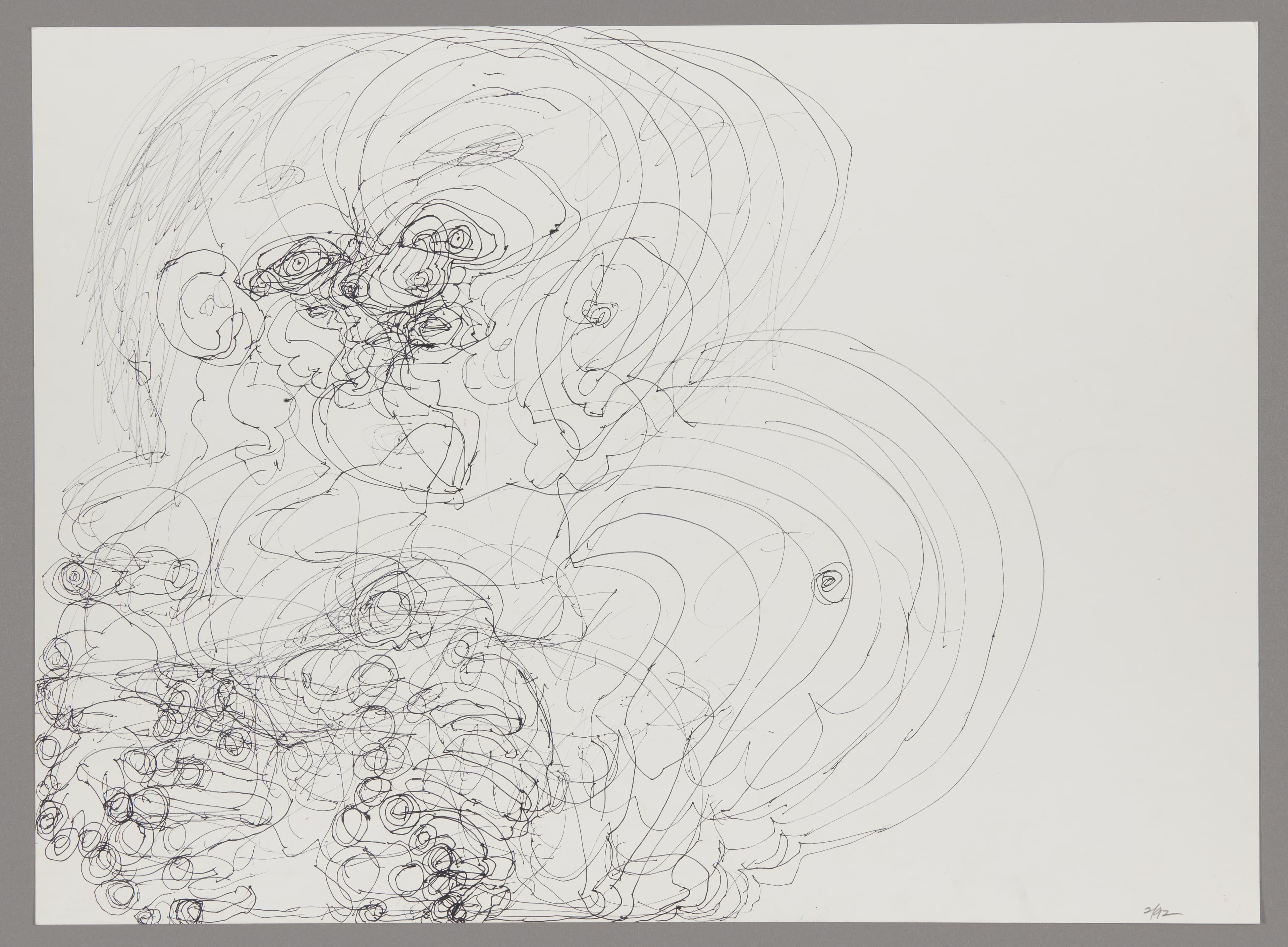 Ink drawing on paper with flowing, swirling line work creating abstract organic forms and spiral patterns