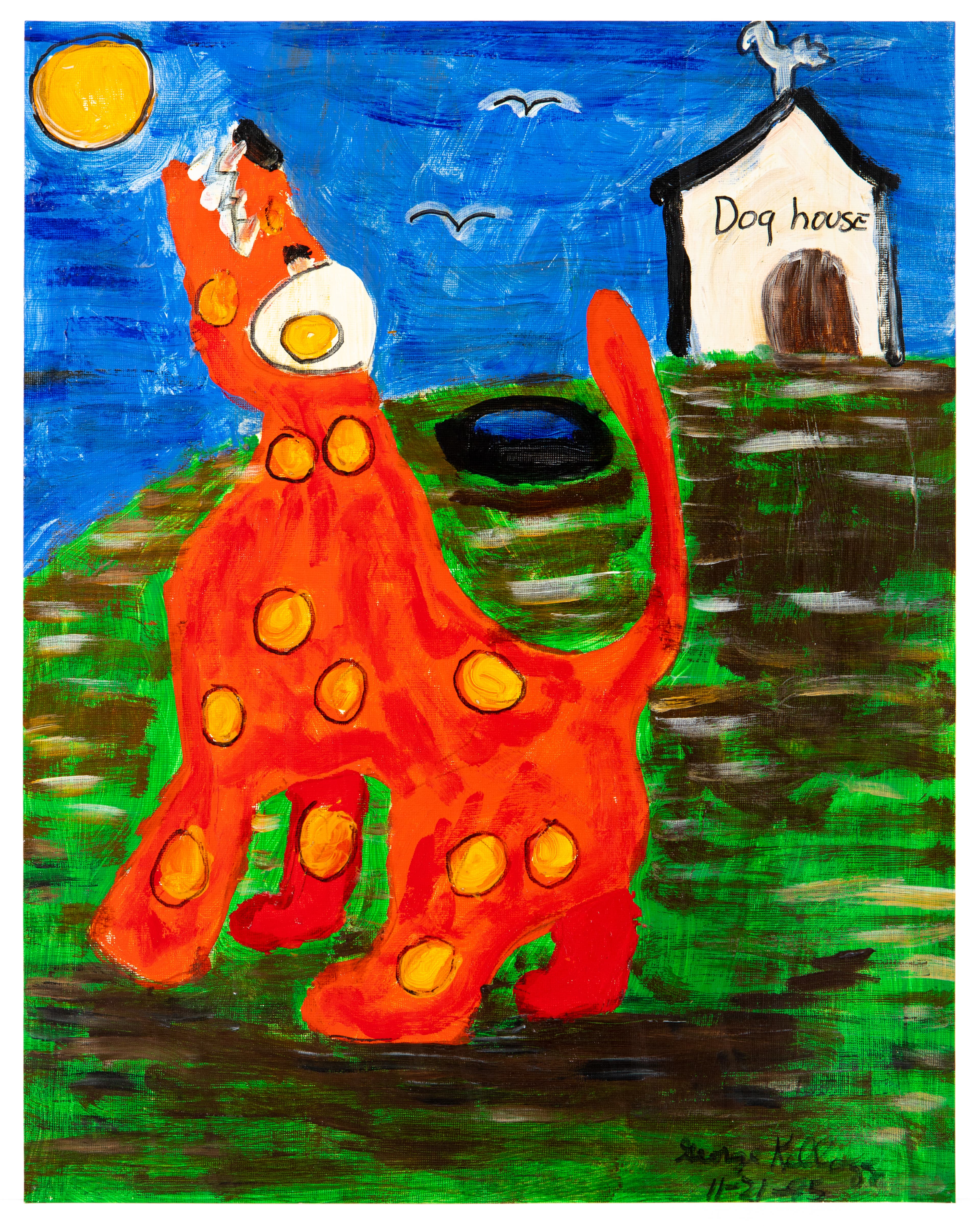 Acrylic painting of red spotted dinosaur in yard with doghouse, blue sky, yellow sun