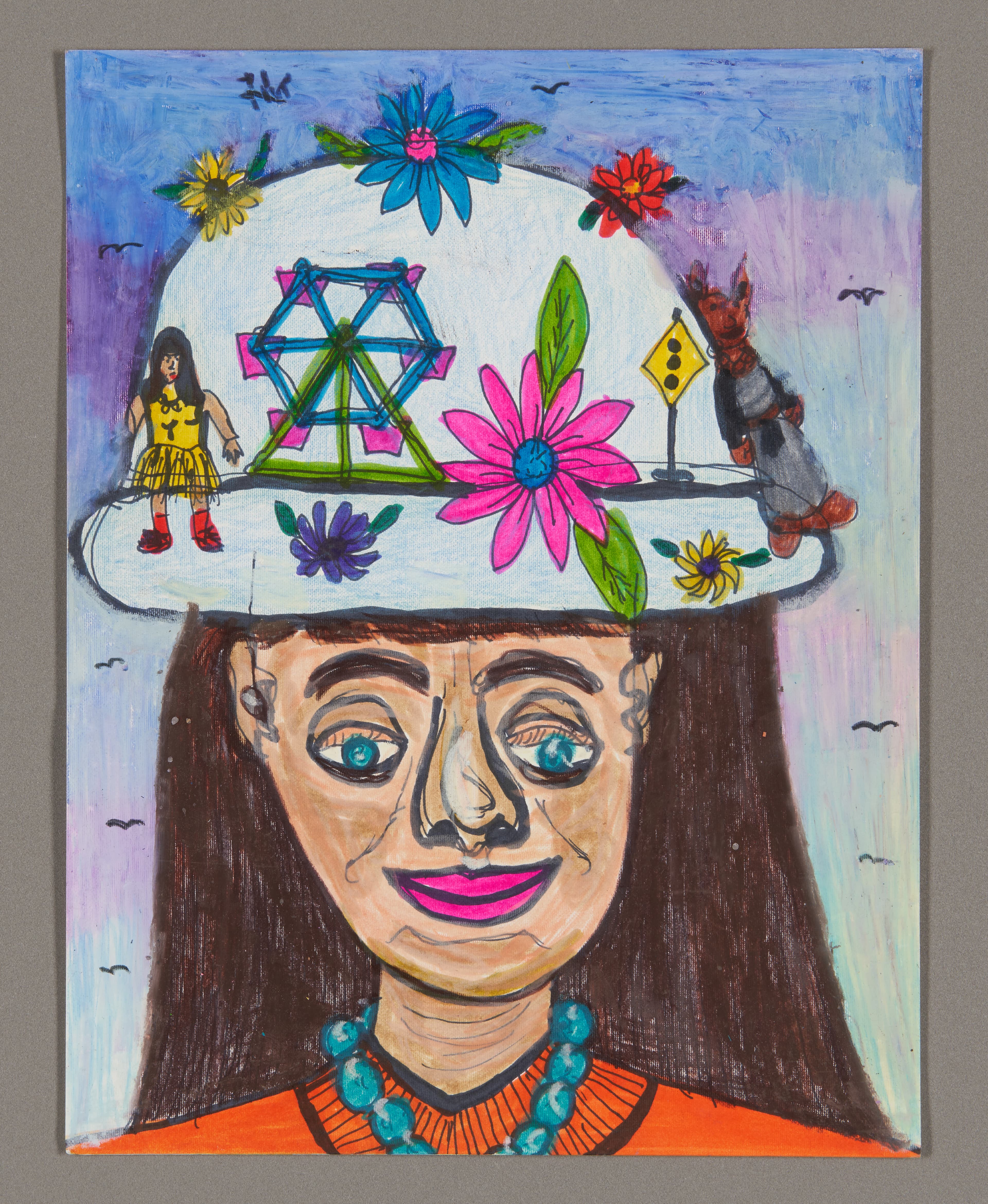 Mixed media drawing of a figure with long hair wearing a white hat decorated with flowers, ferris wheel, and small people