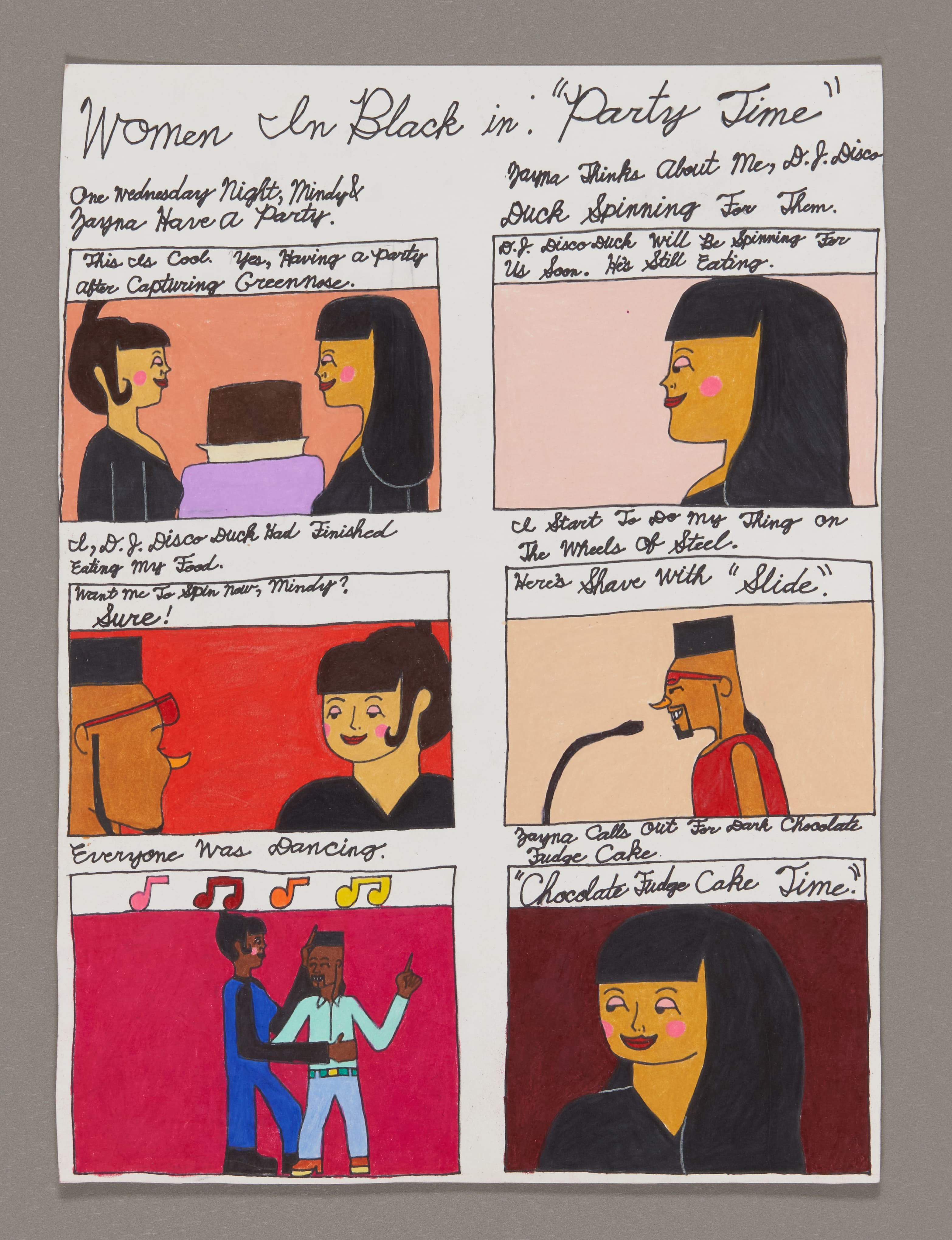Comic strip titled 'Women in Black in: Party Time' with six panels showing figures in conversation, mixed media on paper