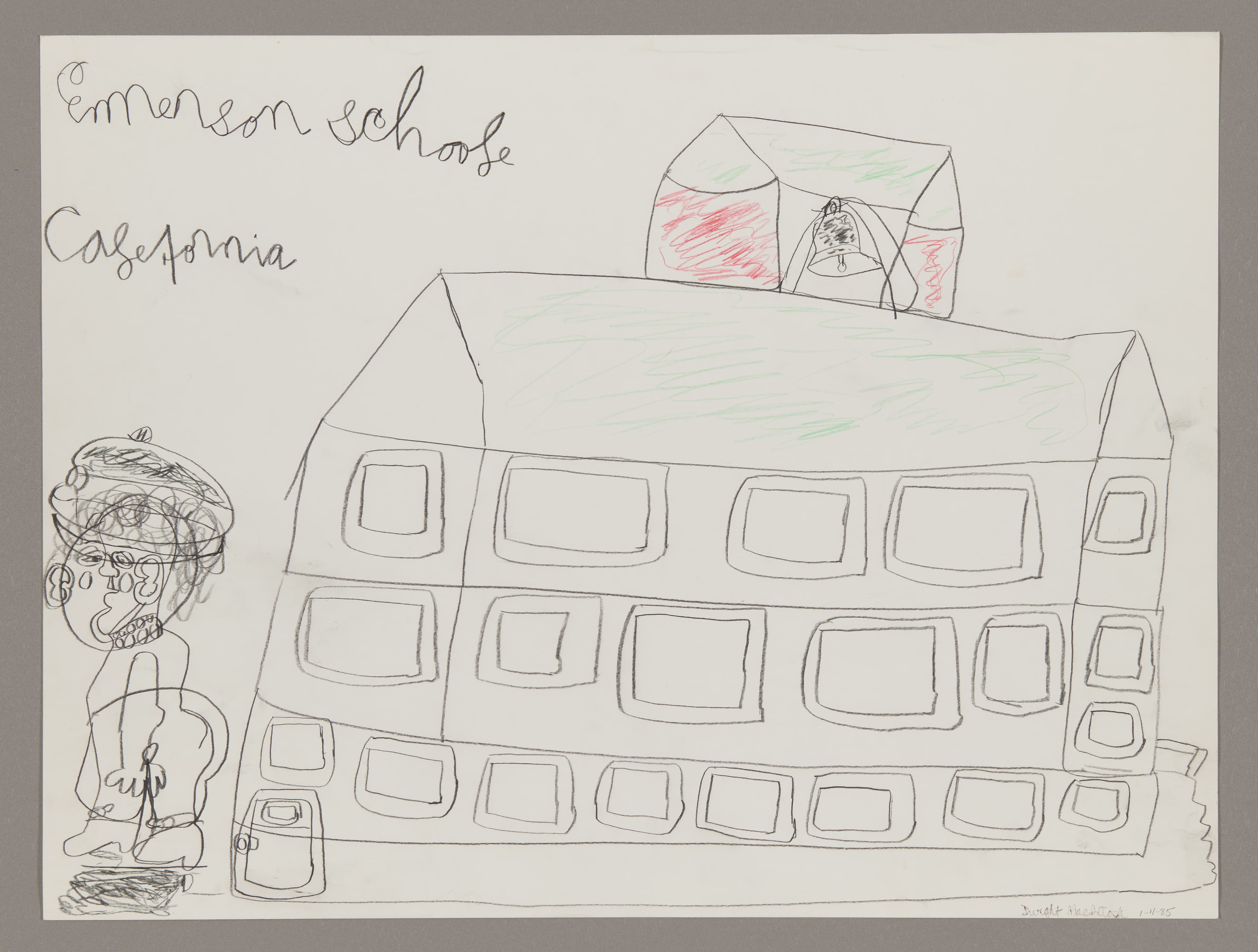 Drawing of school buildings in graphite and crayon, featuring a multi-story building with windows and a smaller structure