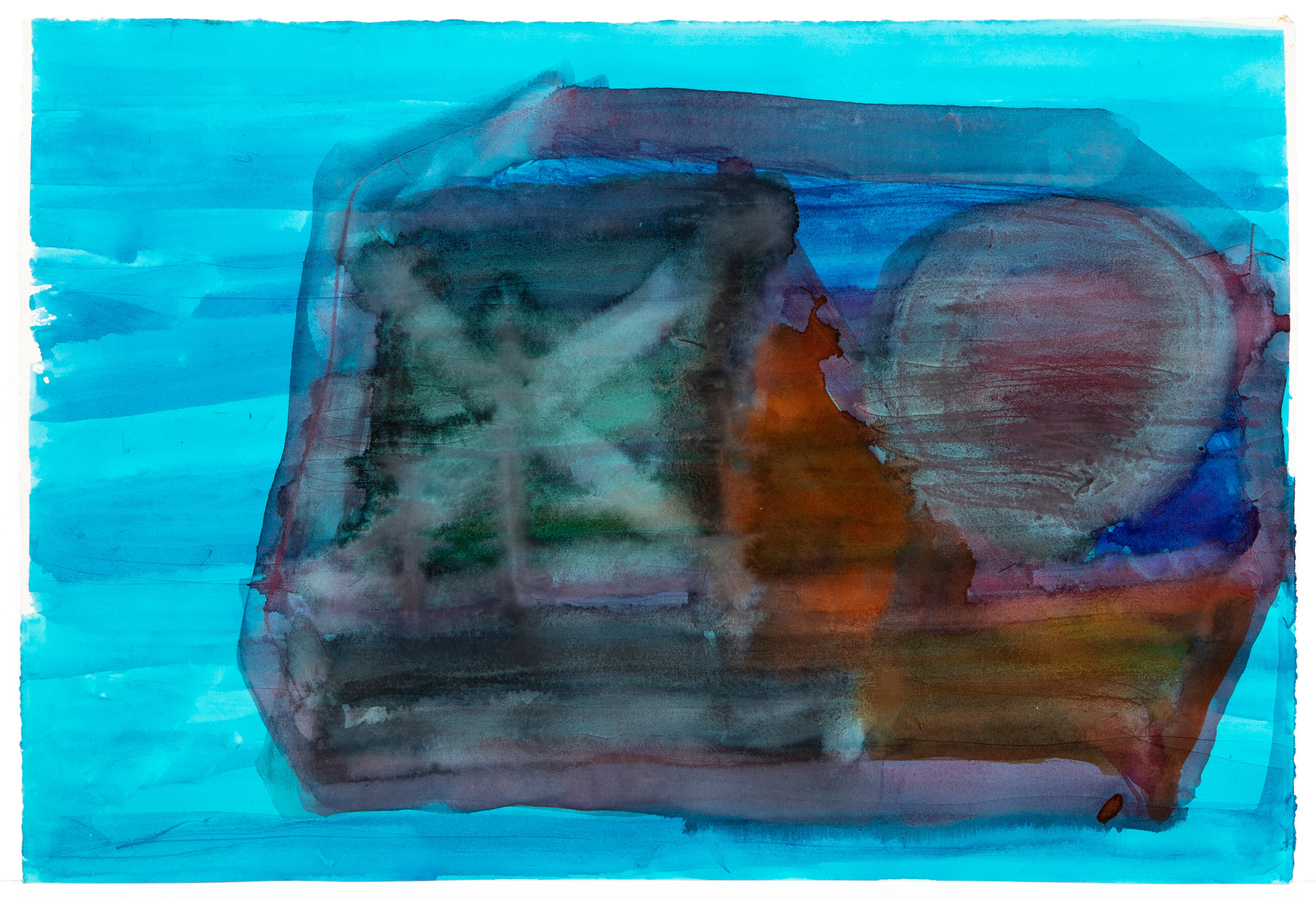 Abstract watercolor painting with layered geometric forms in blues, greens, orange, and purple on bright turquoise background