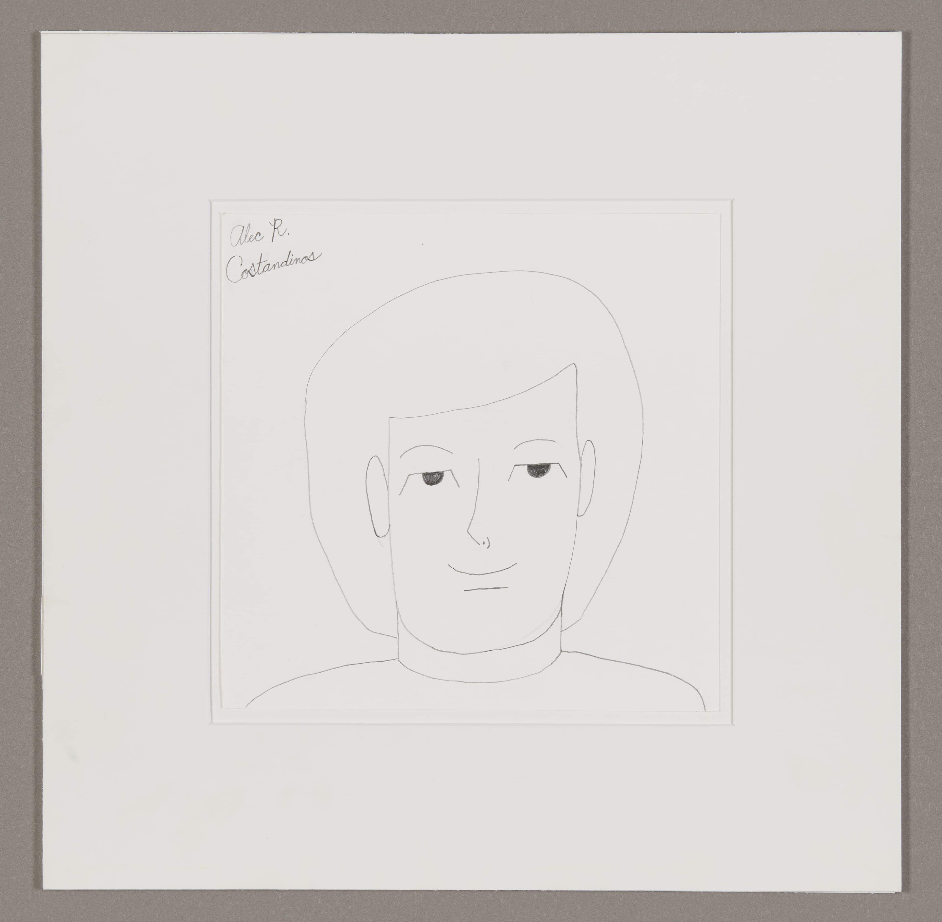 Graphite portrait drawing of a person with short hair and gentle expression on white paper