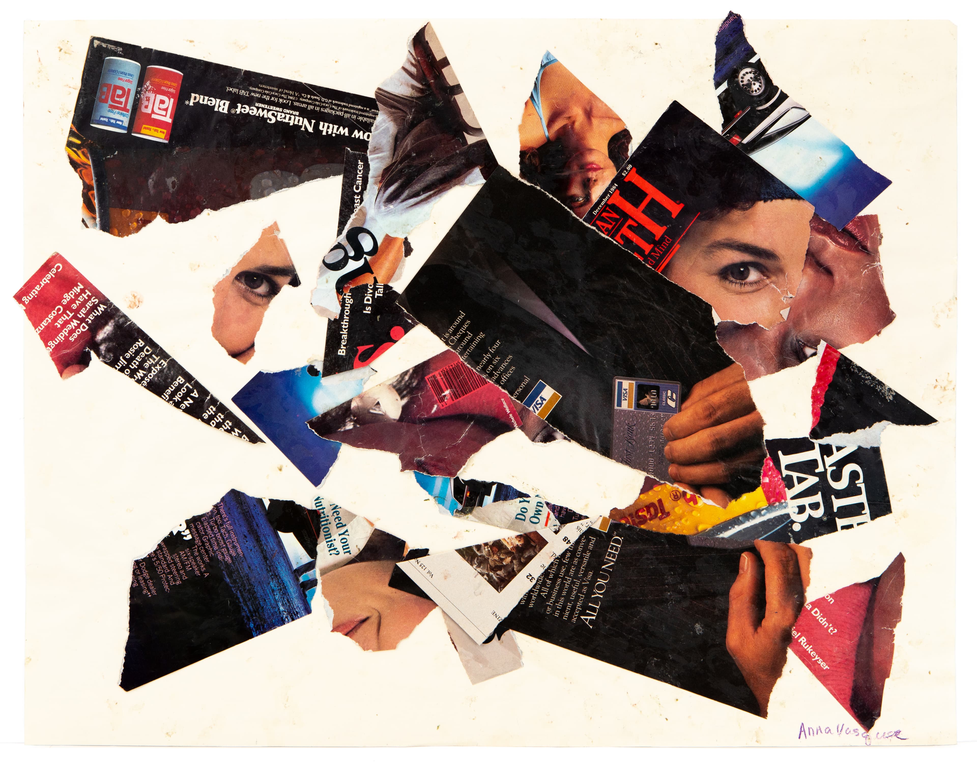 Mixed media collage with torn magazine fragments showing faces, text, and colorful pieces arranged on white paper