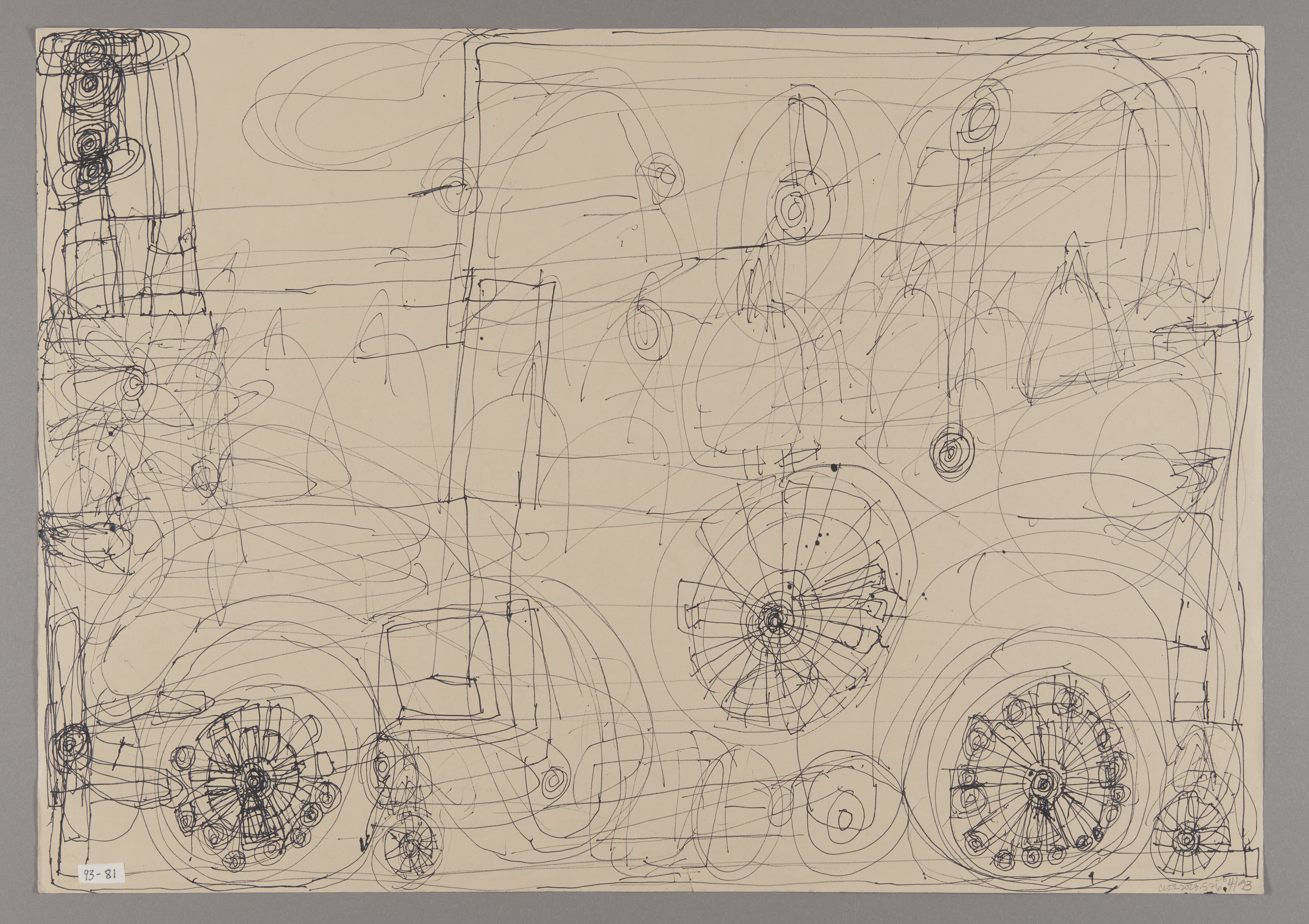 Abstract ink drawing on paper with circular mechanical forms, geometric shapes, and flowing lines in black ink