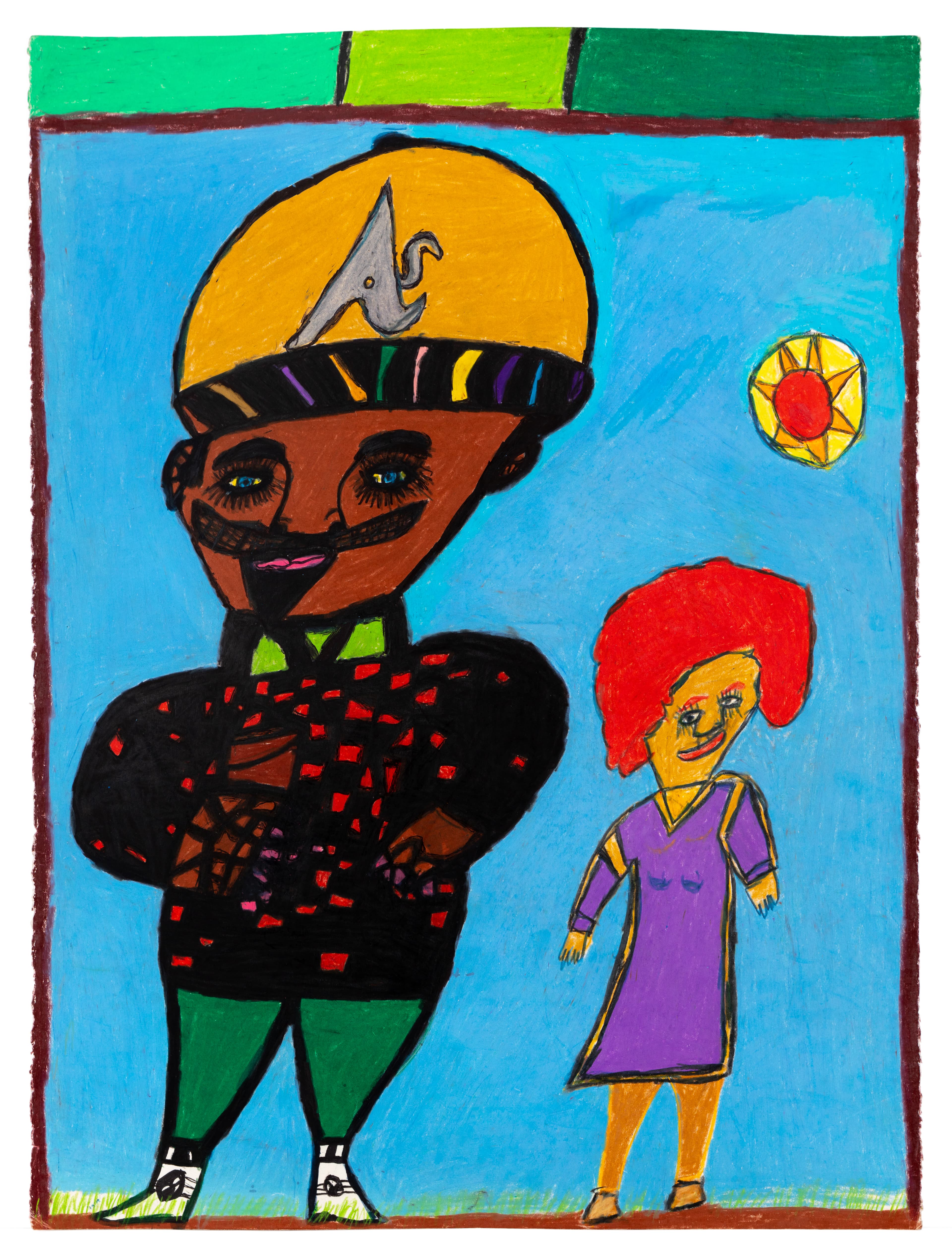 Drawing of two figures on blue background with colorful border, mixed media