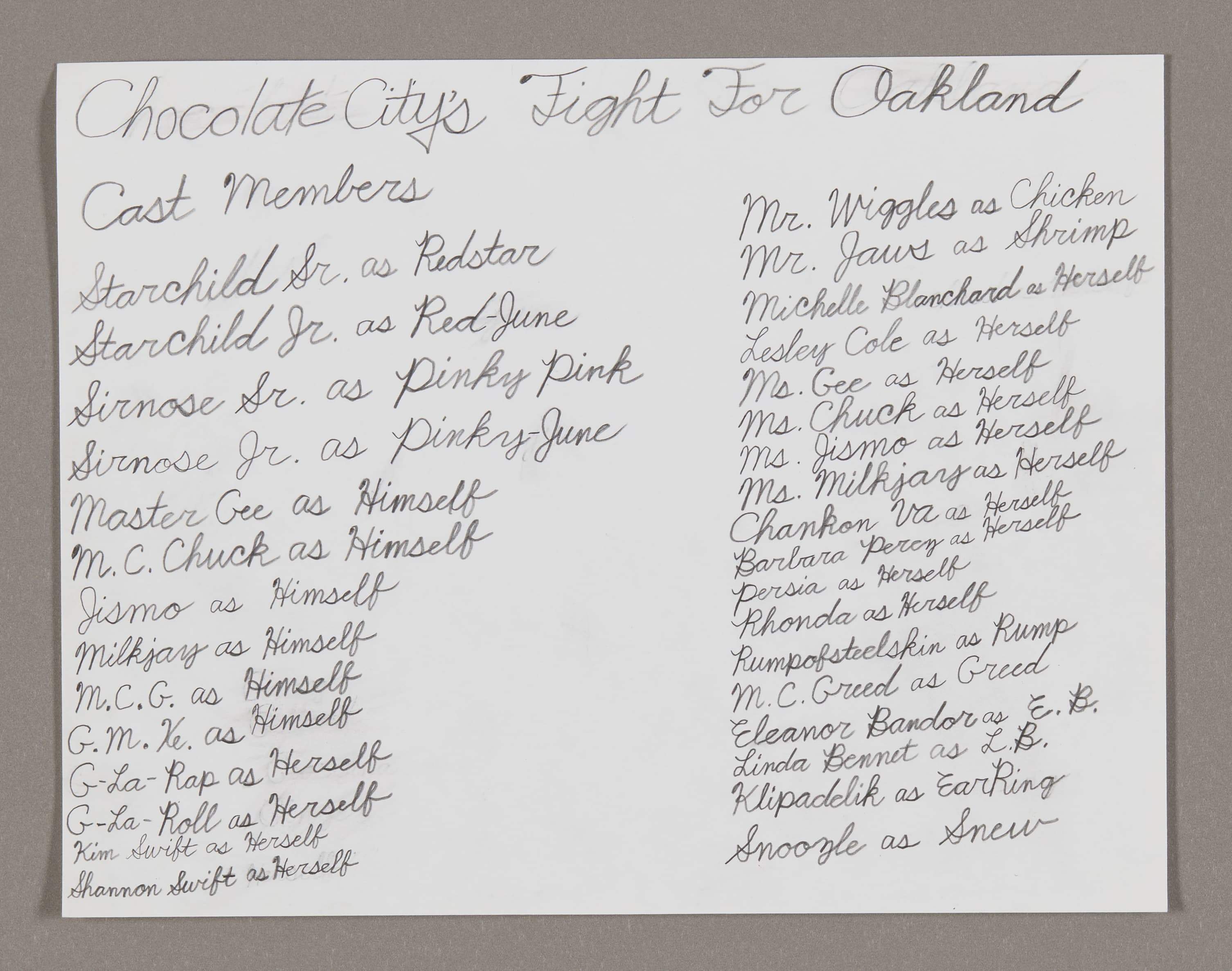 Handwritten cast list in graphite on white paper titled 'Chocolate City's Fight For Oakland'