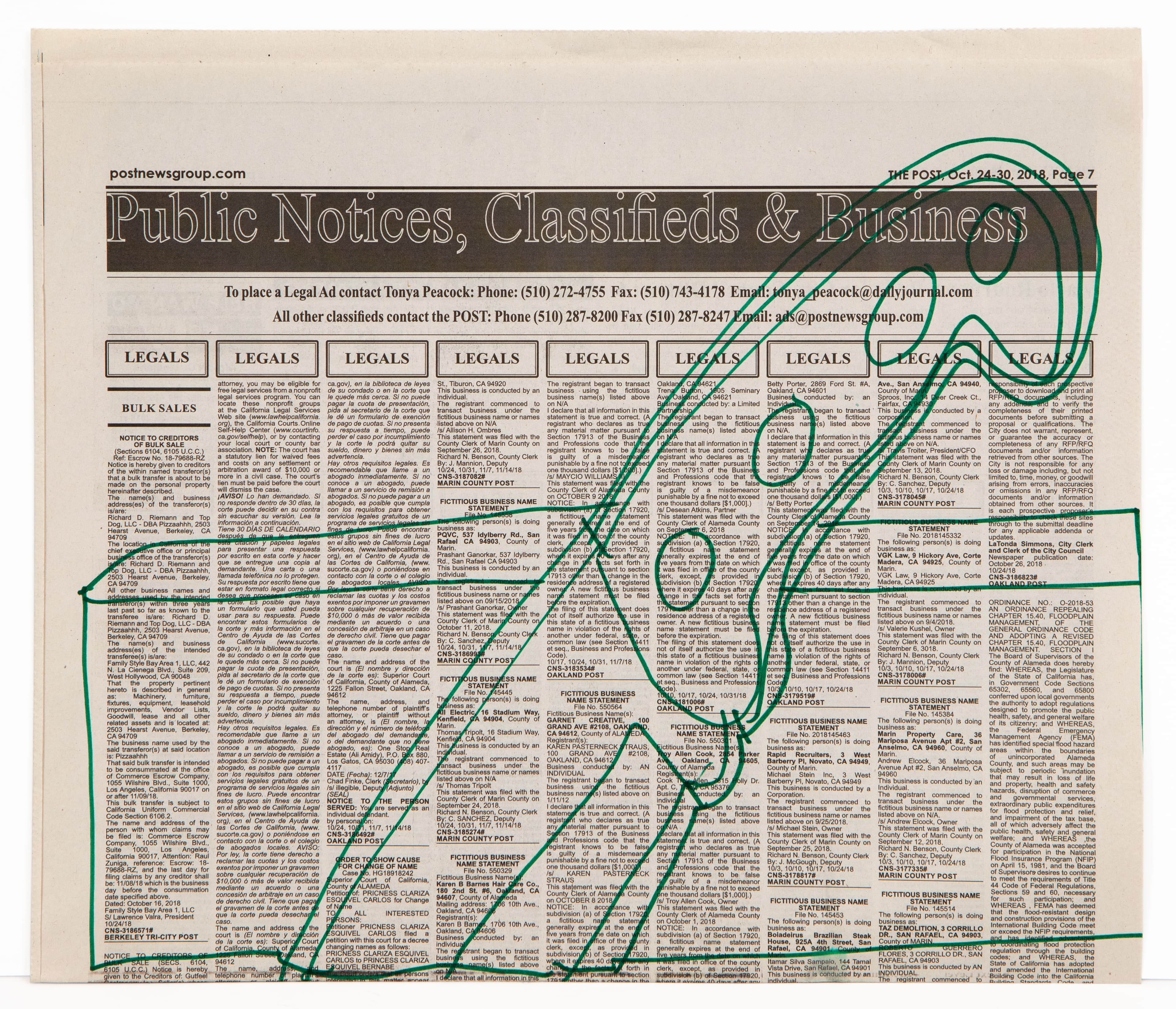 Mixed media artwork of green ink drawing on newspaper showing abstract linear forms over classified ads section