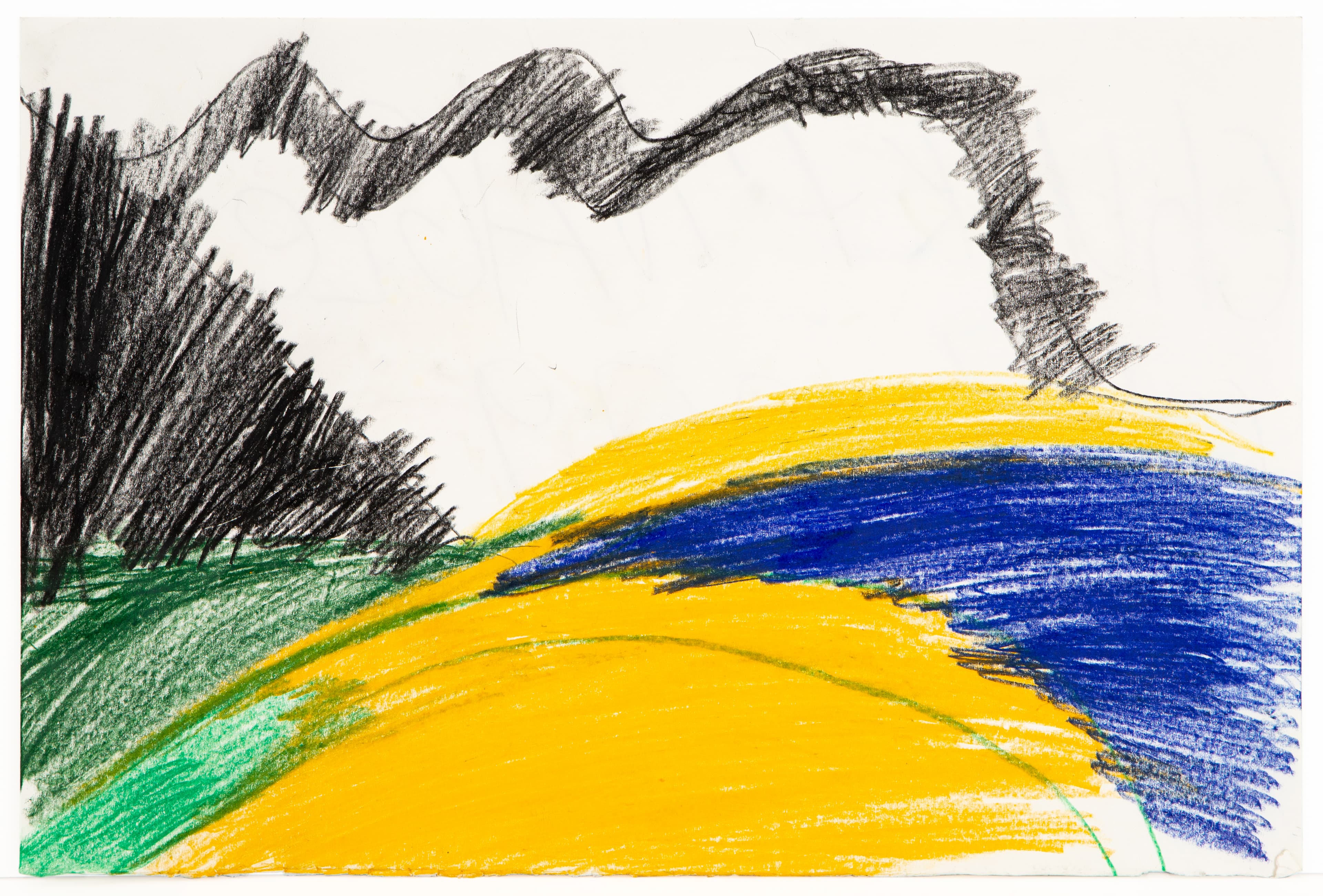 Abstract drawing with sweeping curved bands of yellow, blue, and green colored pencil with black scribbled area