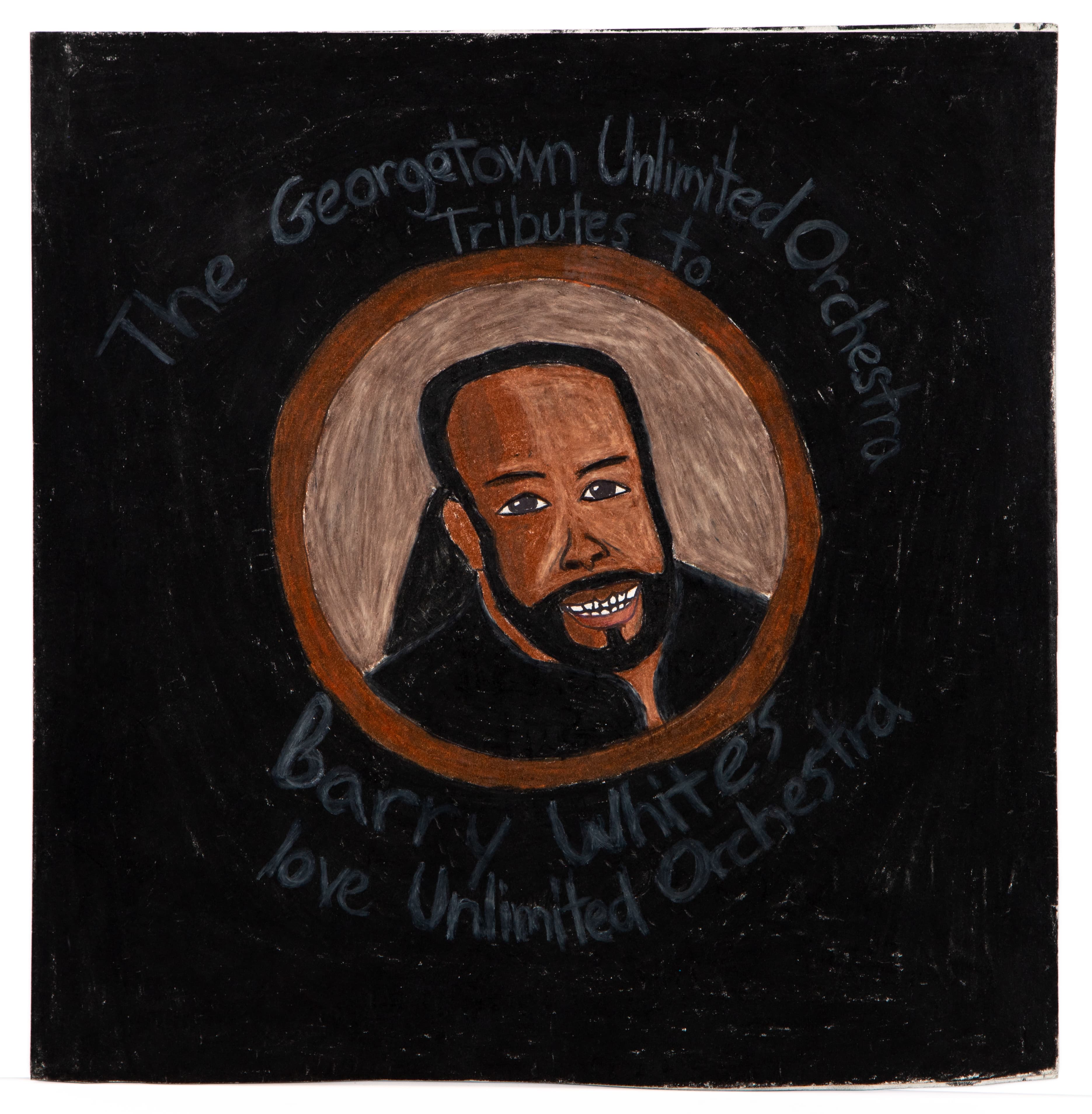Colored pencil portrait of a smiling Black man with beard in circular frame on black background with handwritten text