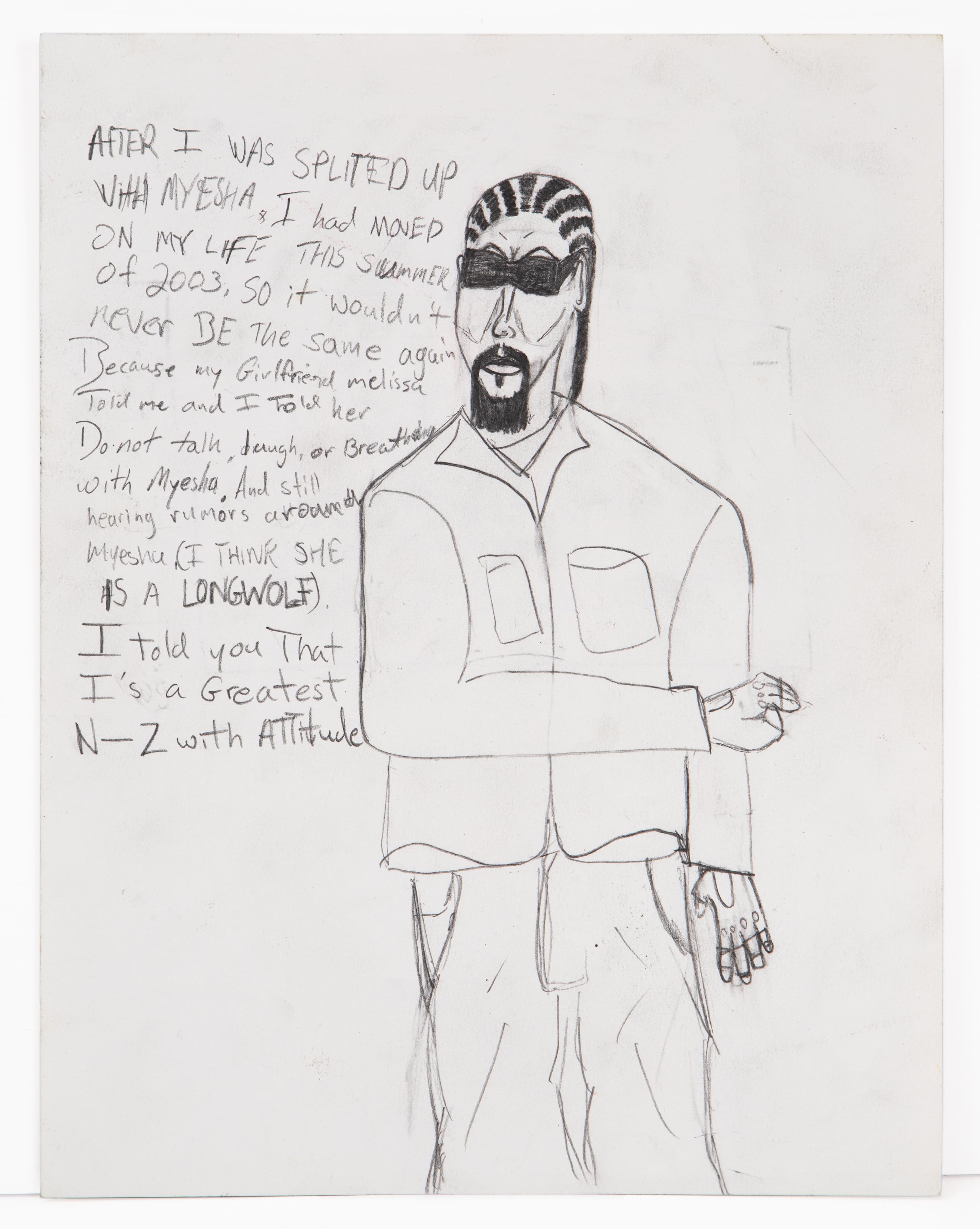 Pencil drawing of a standing figure with sunglasses and striped hair alongside handwritten text on white paper