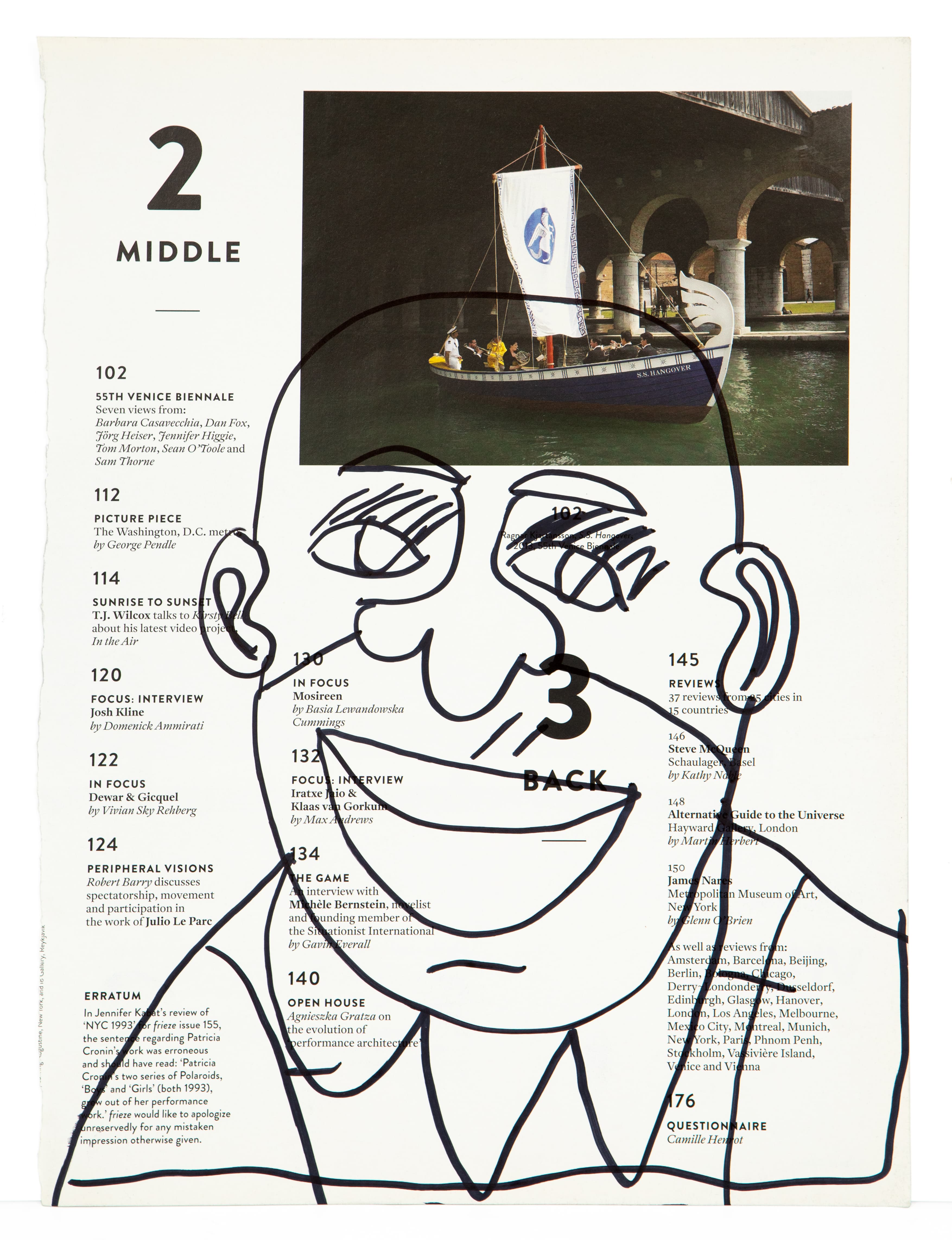 Ink drawing of a figure's head and shoulders overlaid on magazine page with boat photograph