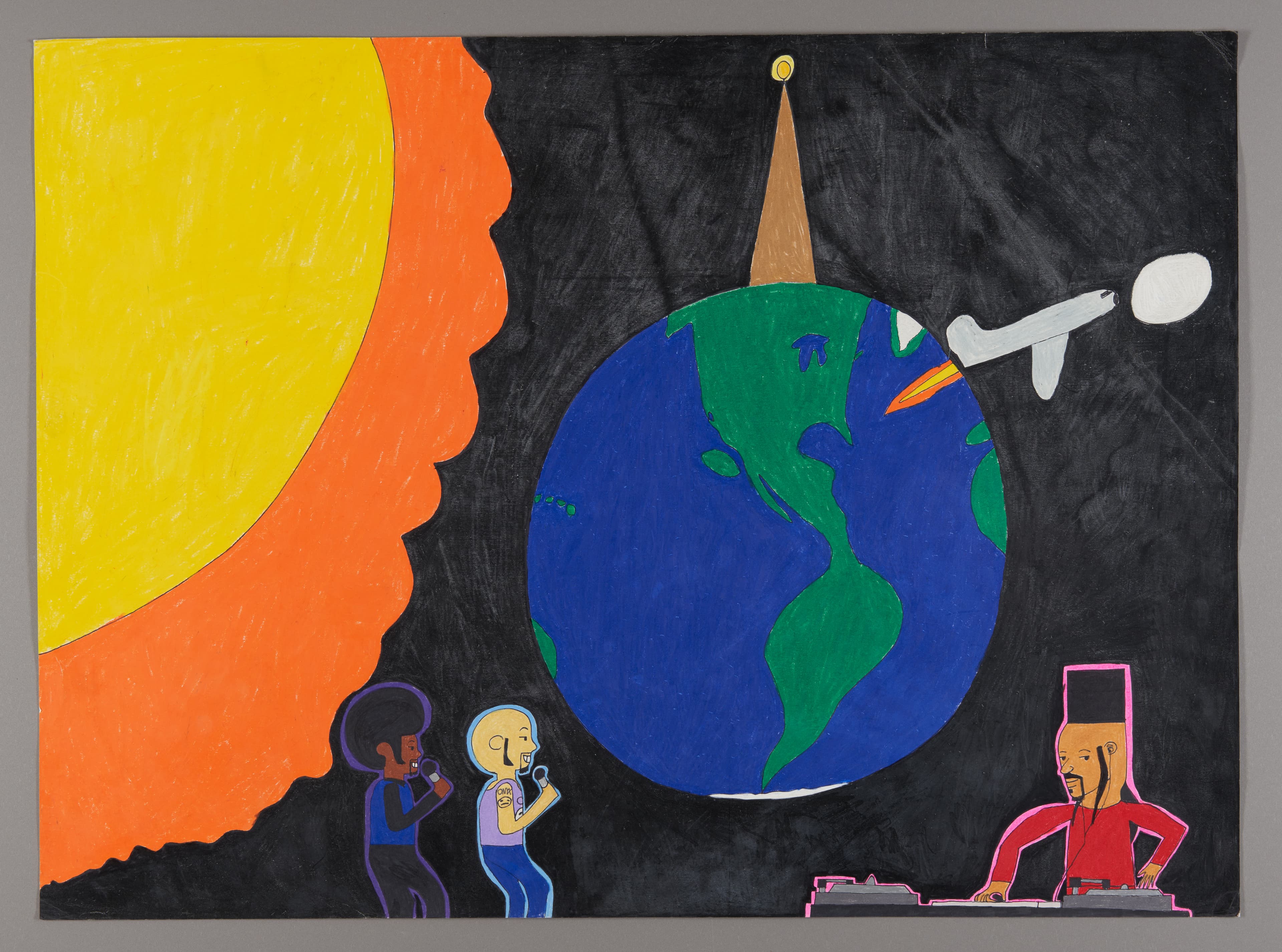 Drawing of Earth in space with astronauts, rocket, and sun using colored pencil and ink on paper