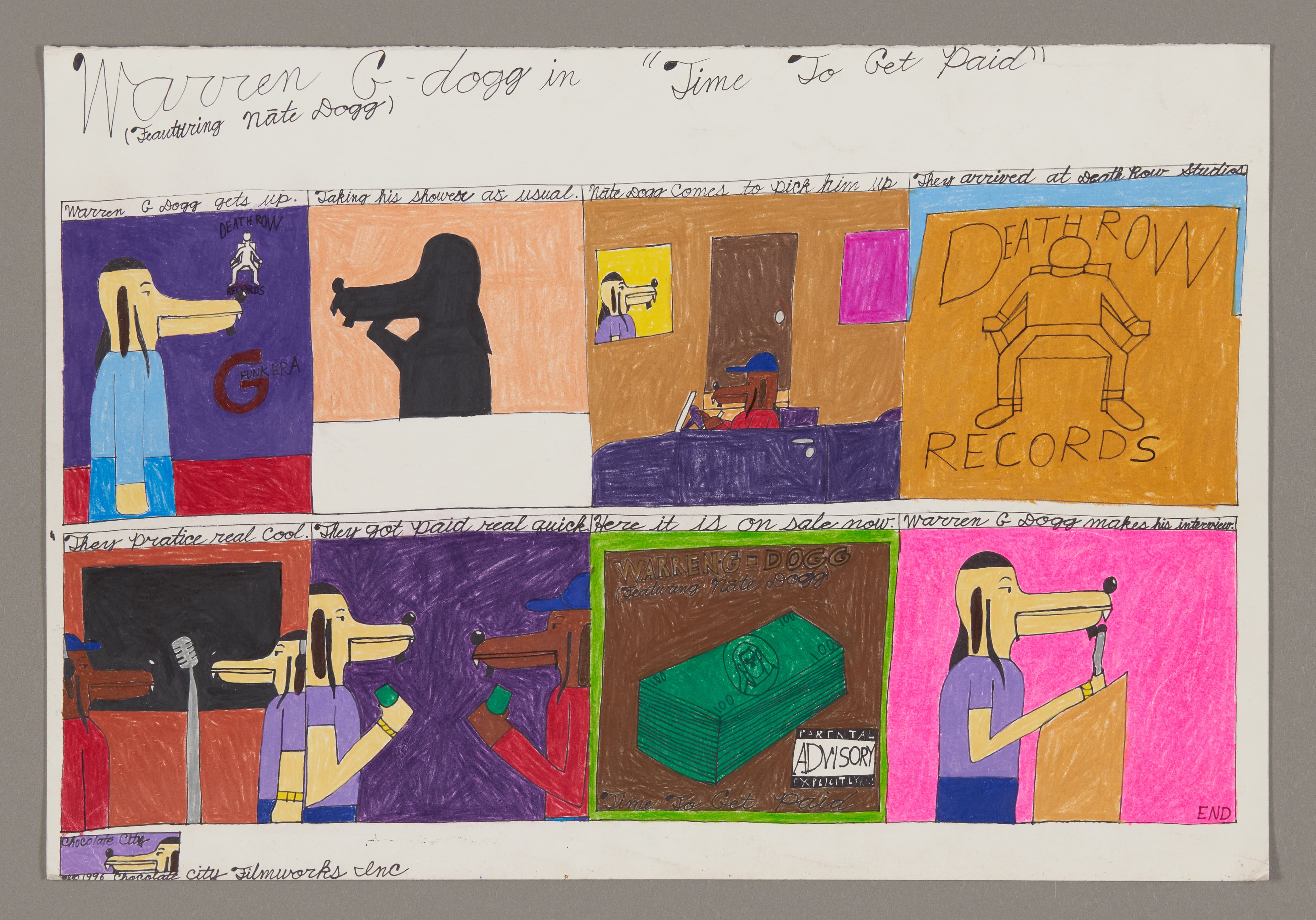 Comic strip drawing with colored pencil showing Warren G-dogg character in multiple panels with handwritten text