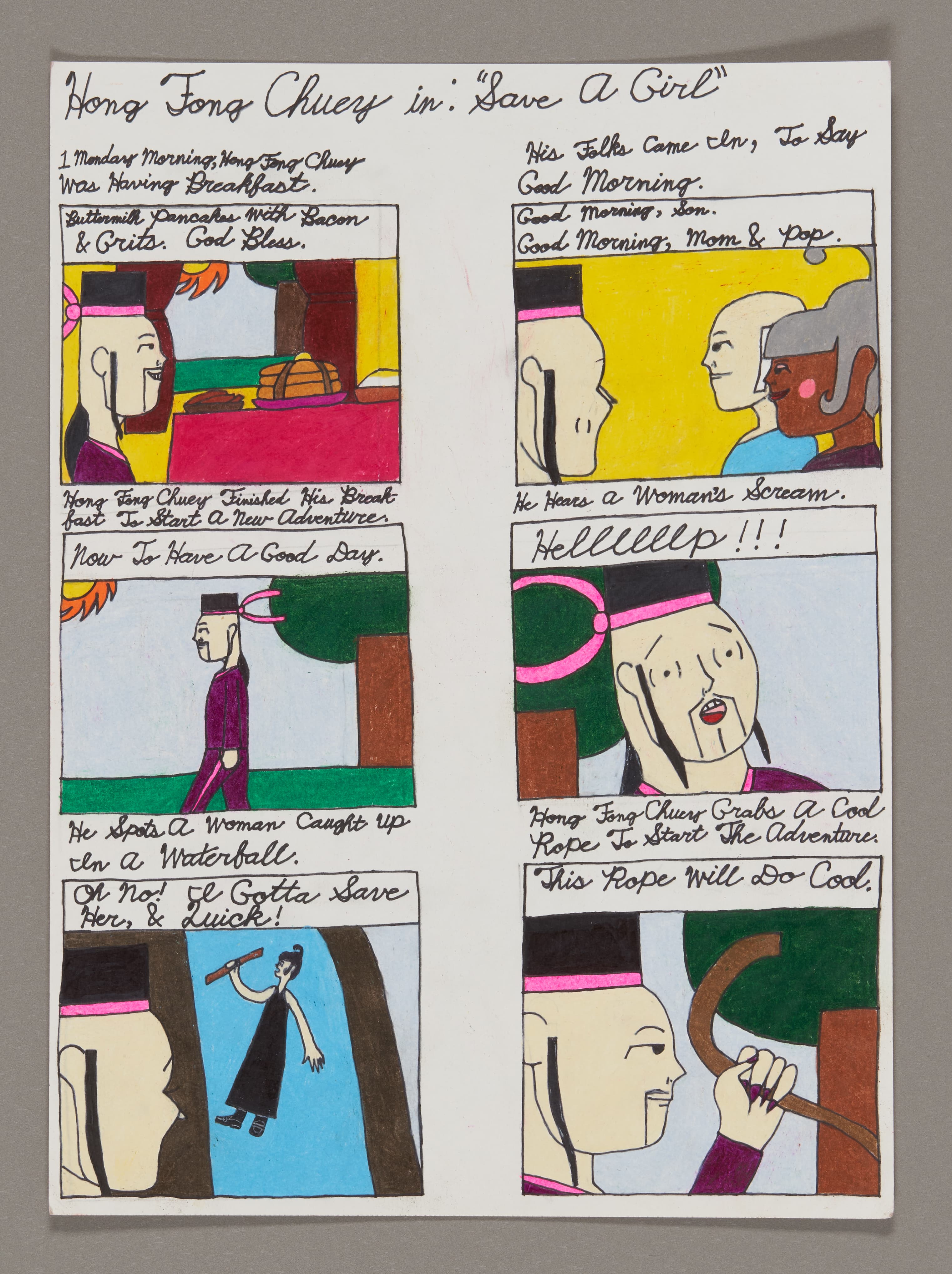 Hand-drawn comic strip with six panels showing characters and dialogue, created with colored pencils and ink on paper