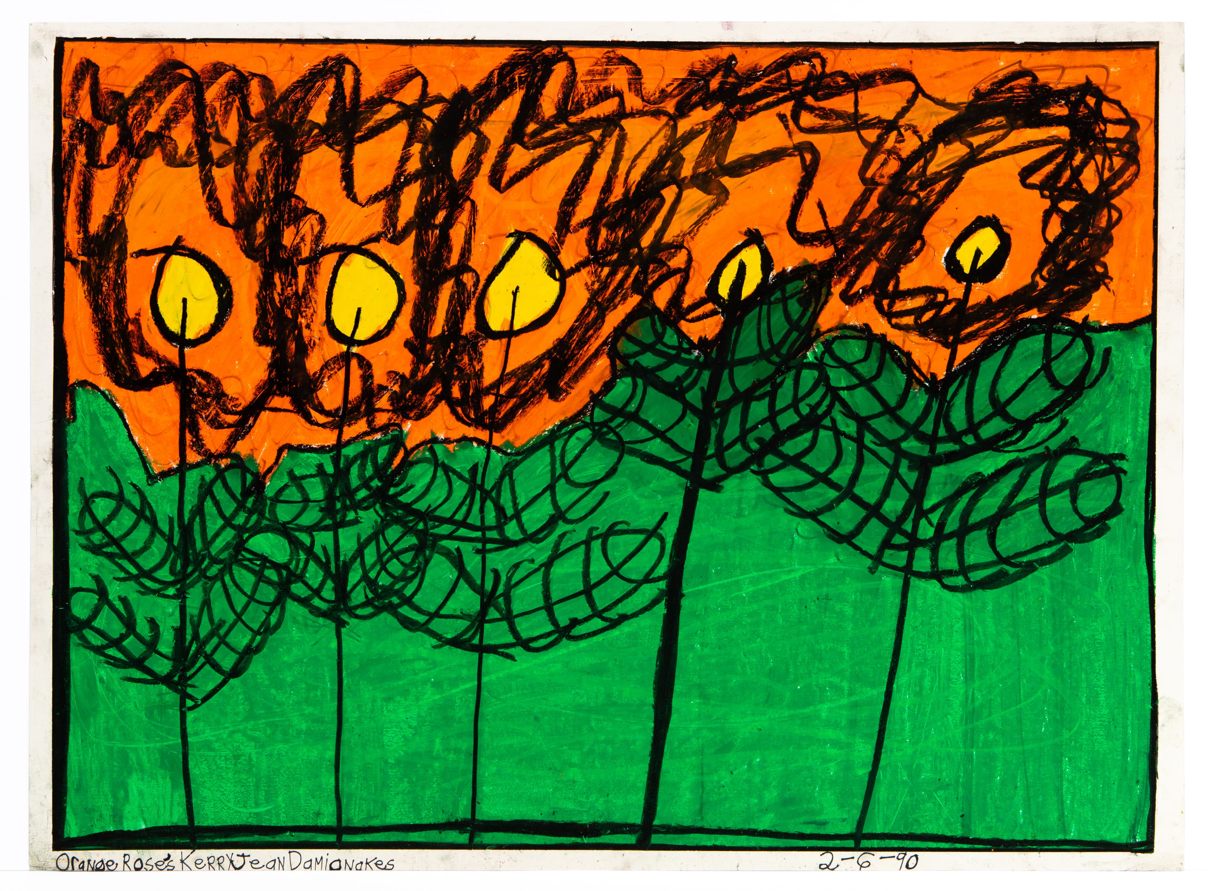 Drawing with orange sky, green ground, dark scribbled trees, and yellow circular shapes, pastel on paper