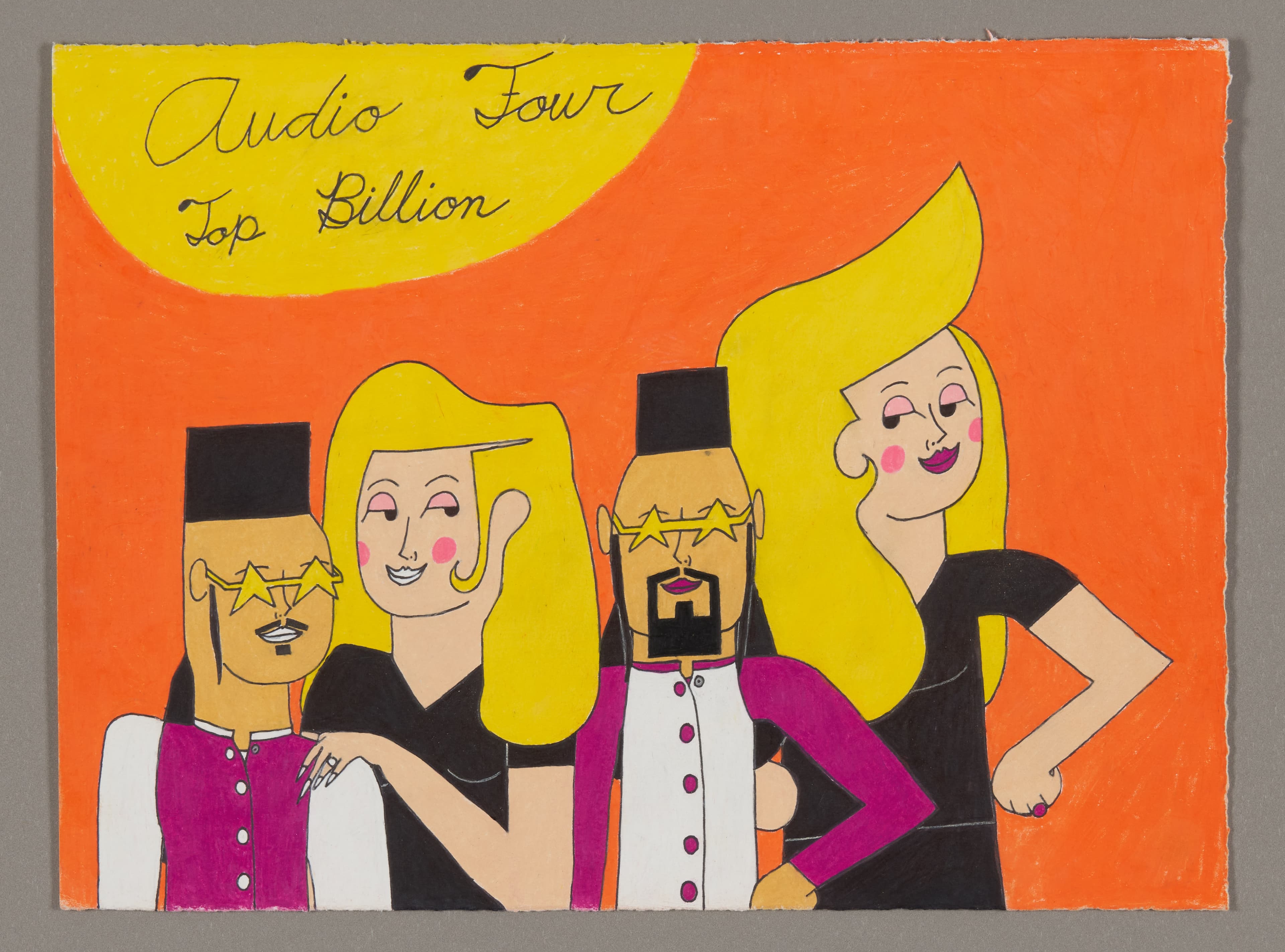 Drawing of four figures with blonde hair and black hats against orange background, titled 'Audio Four Top Billion'