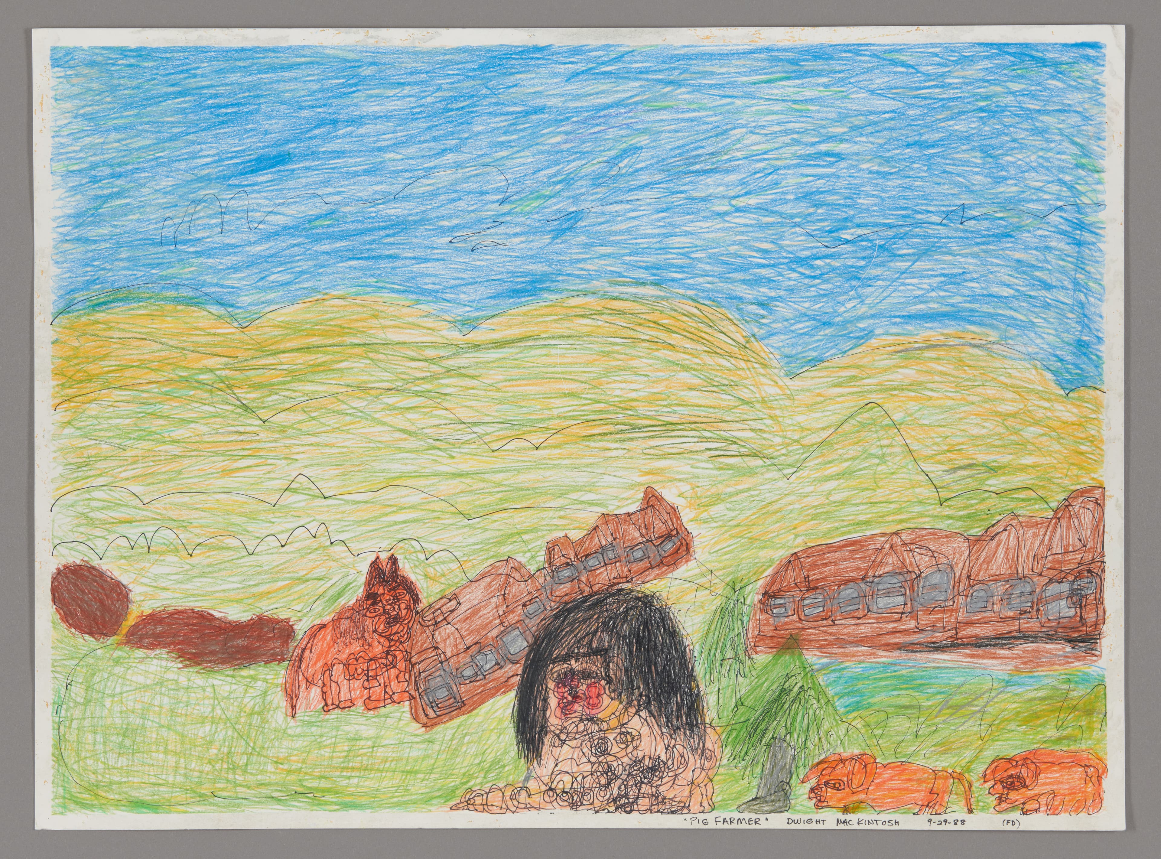 Colored pencil drawing of a landscape with a figure in foreground, red buildings, and rolling hills