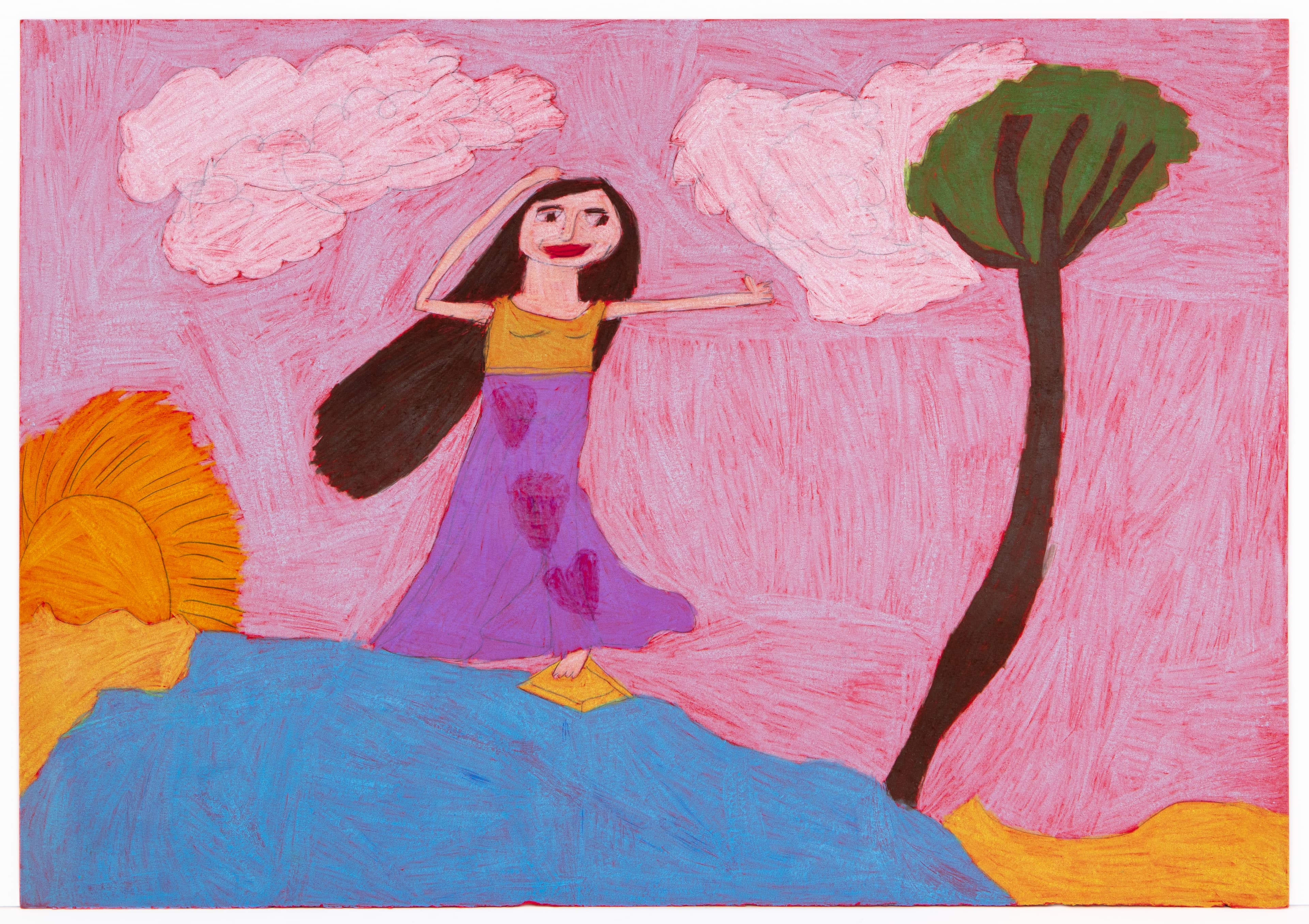 Colored pencil drawing of a figure with long dark hair in purple dress standing in pink landscape with tree and clouds