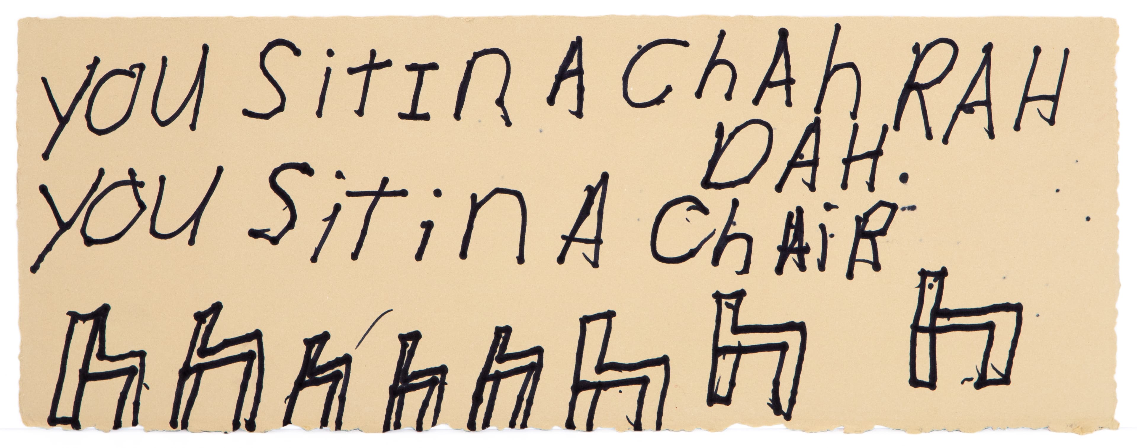 Text-based artwork with handwritten words and chair drawings in black ink on beige paper