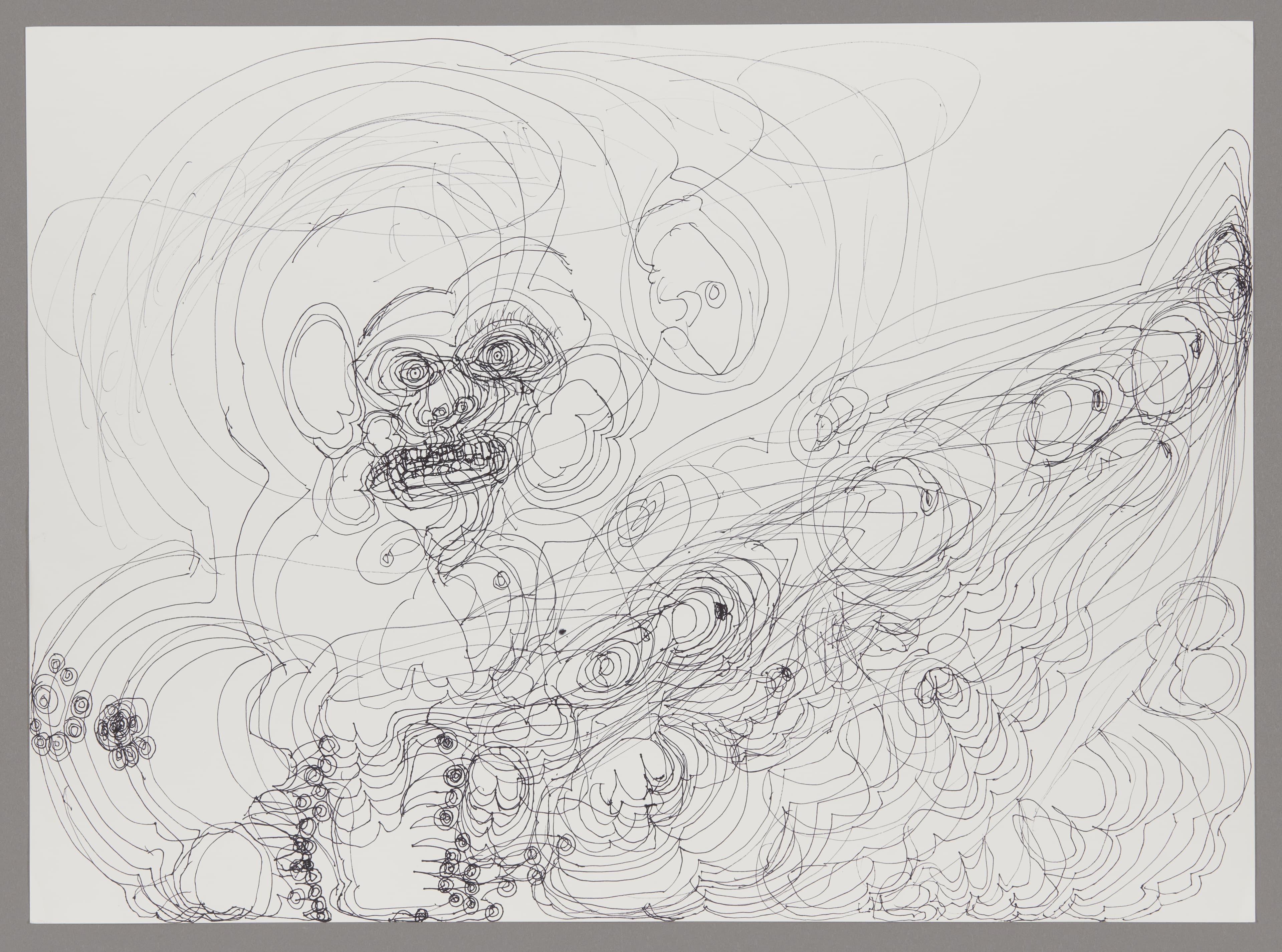 Ink drawing on paper featuring swirling lines and grotesque faces with flowing, dynamic movement throughout composition