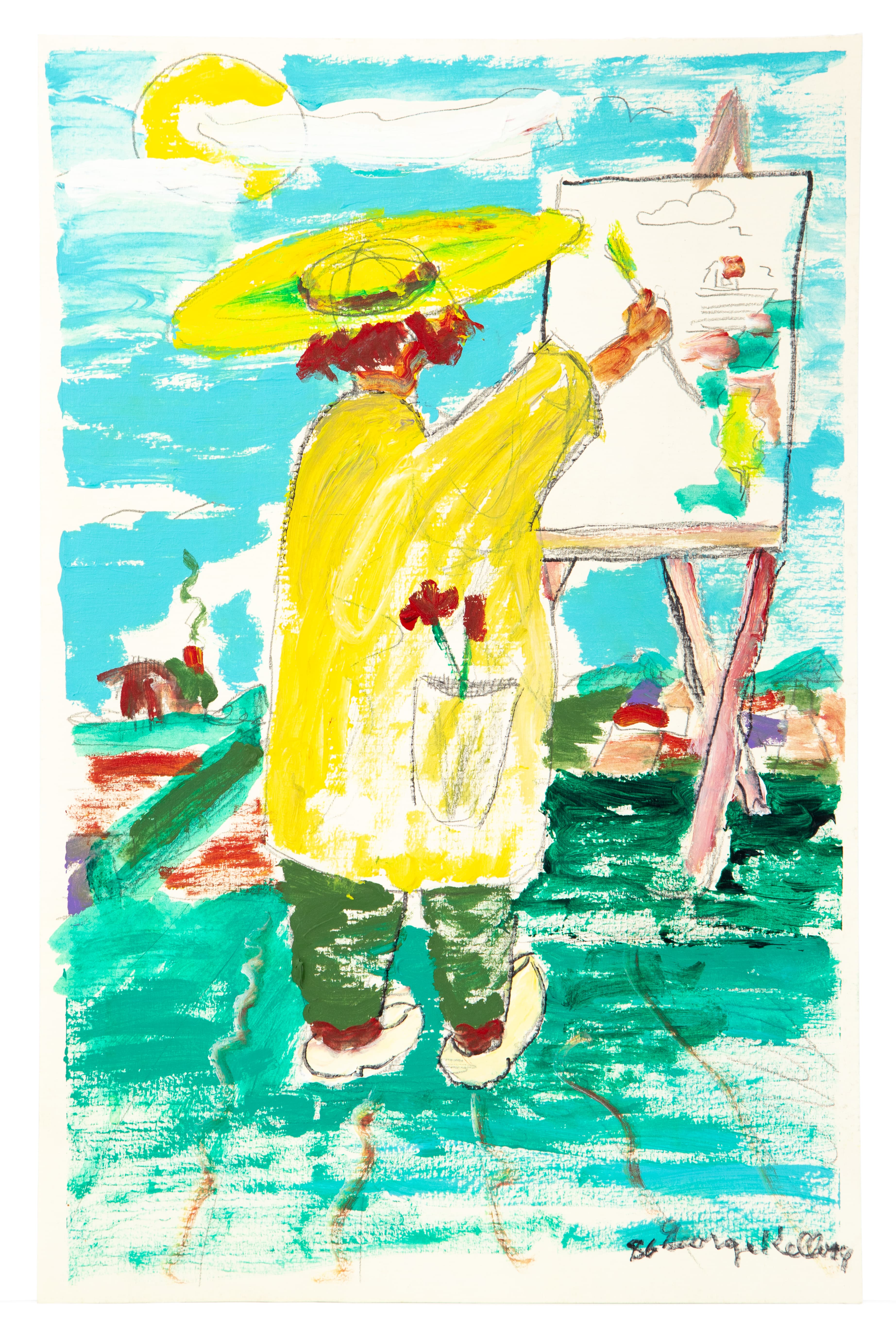 Painting of figure in yellow dress and hat painting at easel outdoors, acrylic on paper