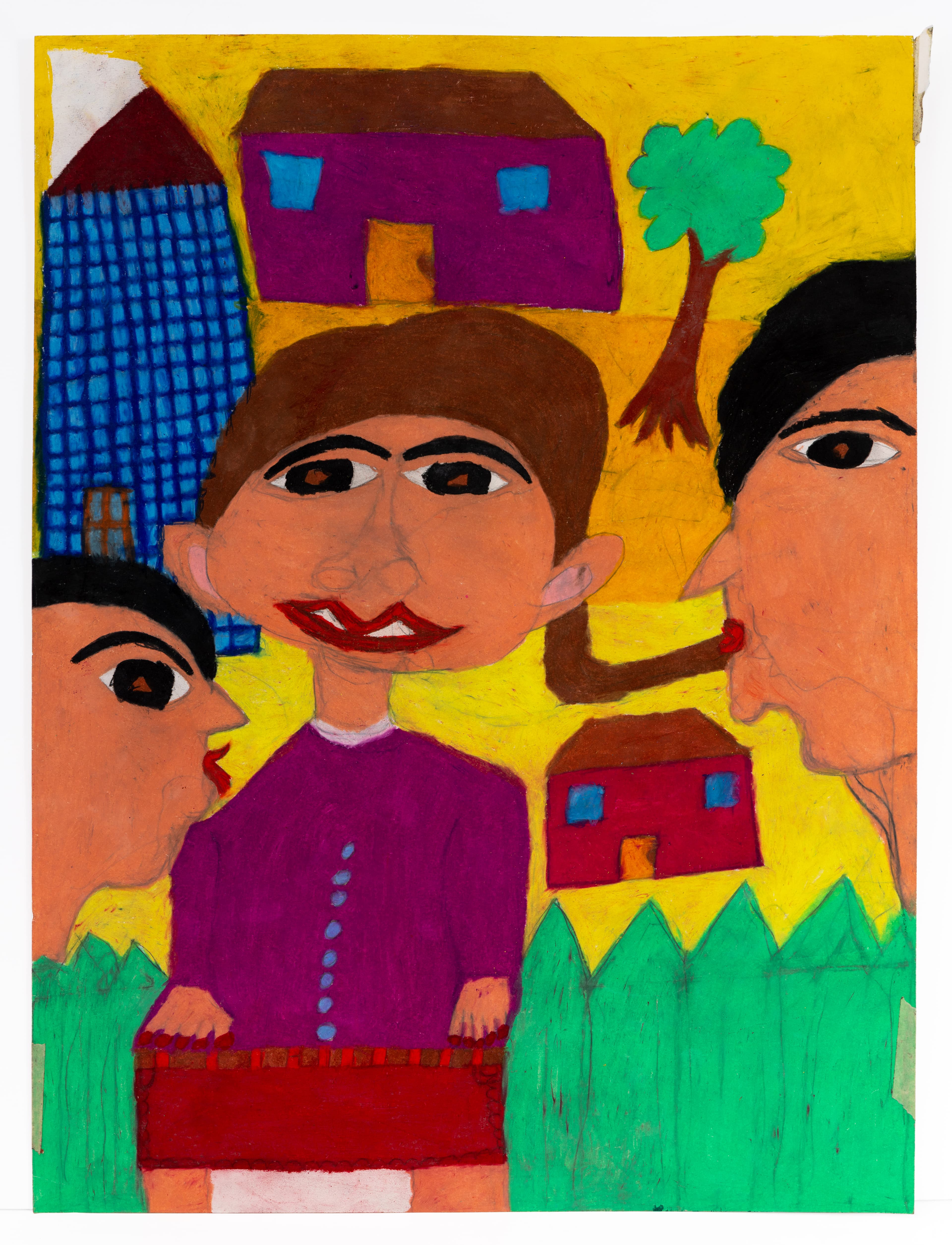 Colorful pastel drawing showing three portrait faces with buildings, trees, and geometric shapes on yellow background