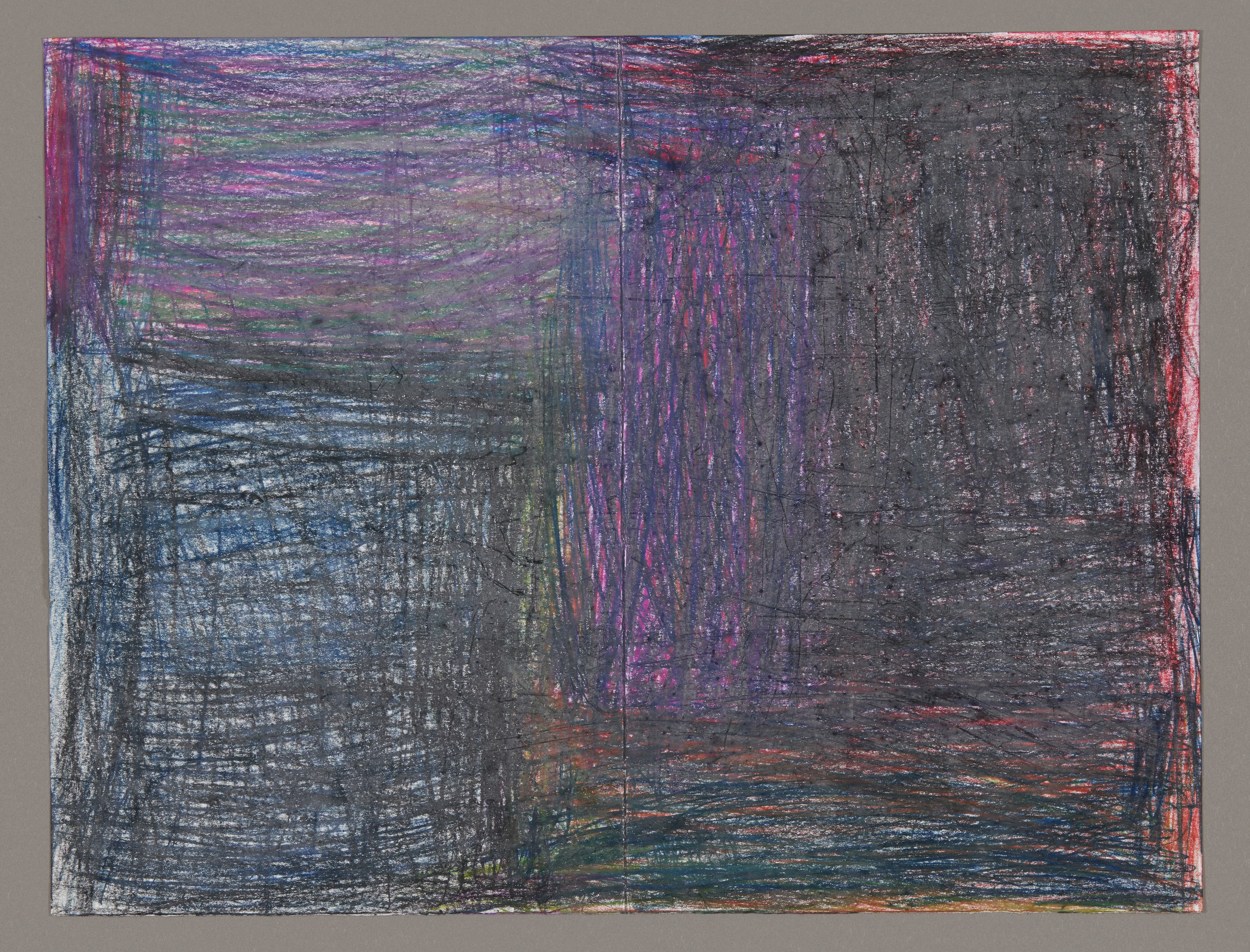 Abstract drawing with oil pastel showing dense, overlapping scribbled marks in purple, blue, and dark tones