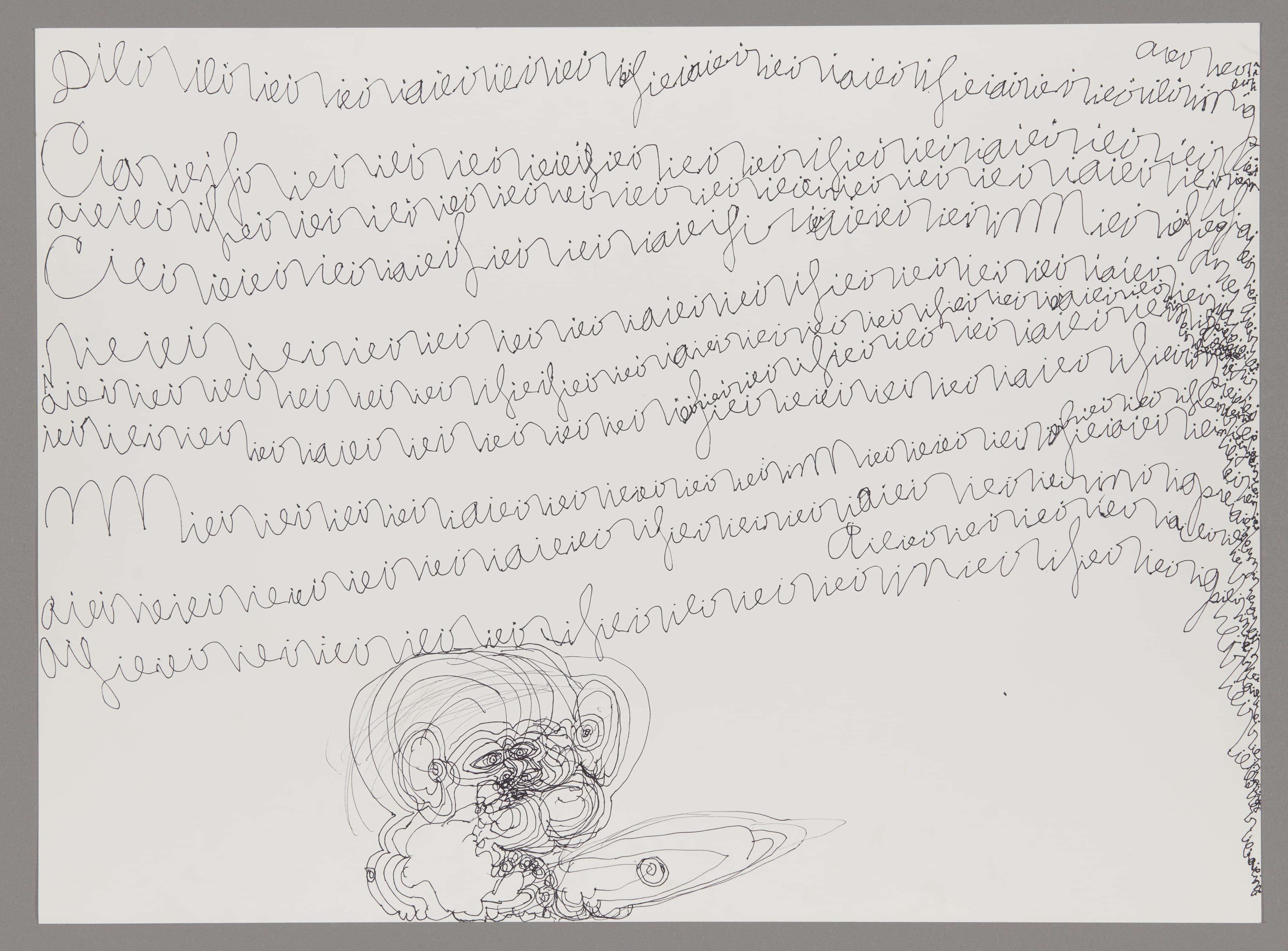 Ink drawing on paper with cursive handwriting filling most of the page and a small circular figure at bottom center