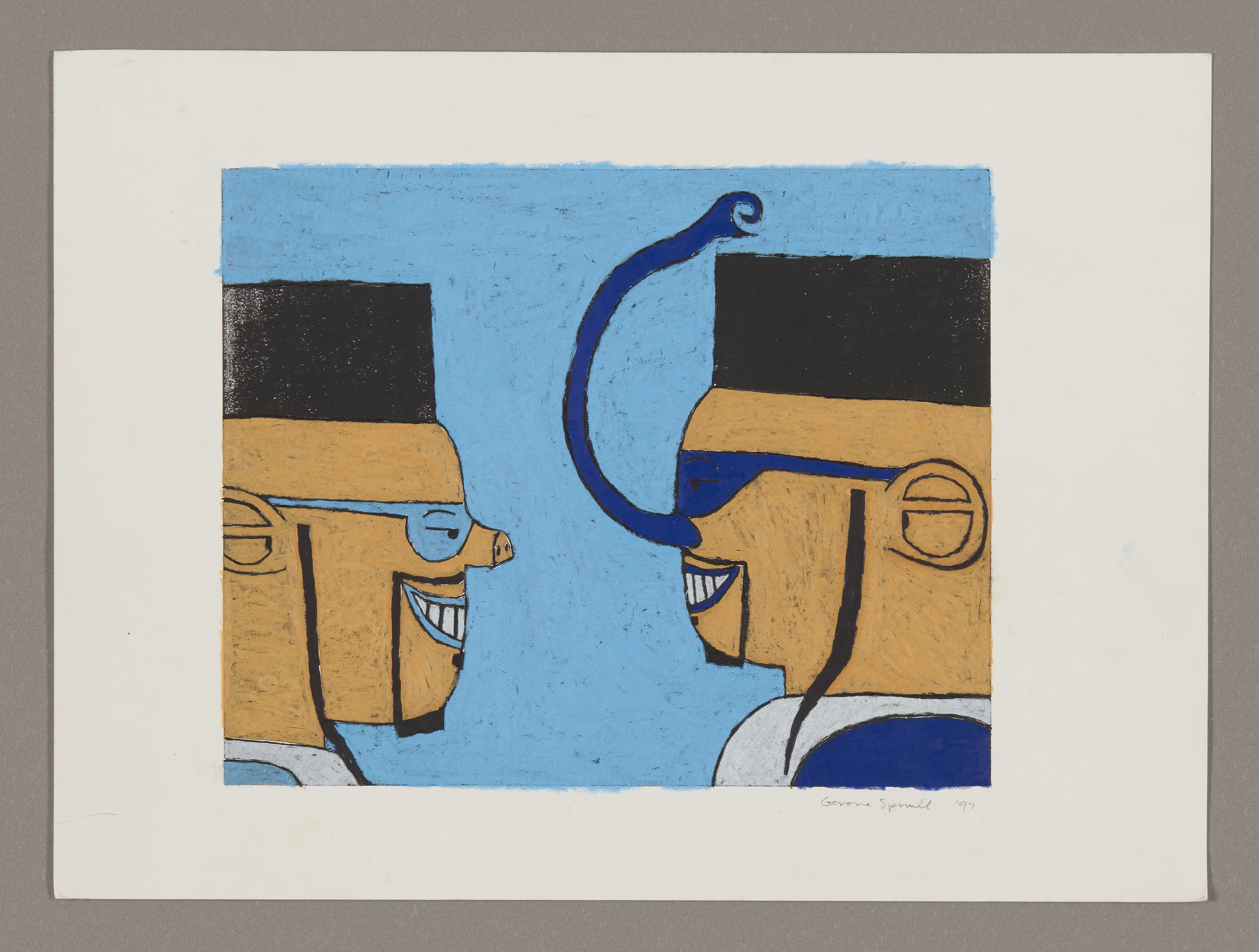 Print showing two stylized figures with geometric faces in orange, blue, and black, one wearing a hat with a feather