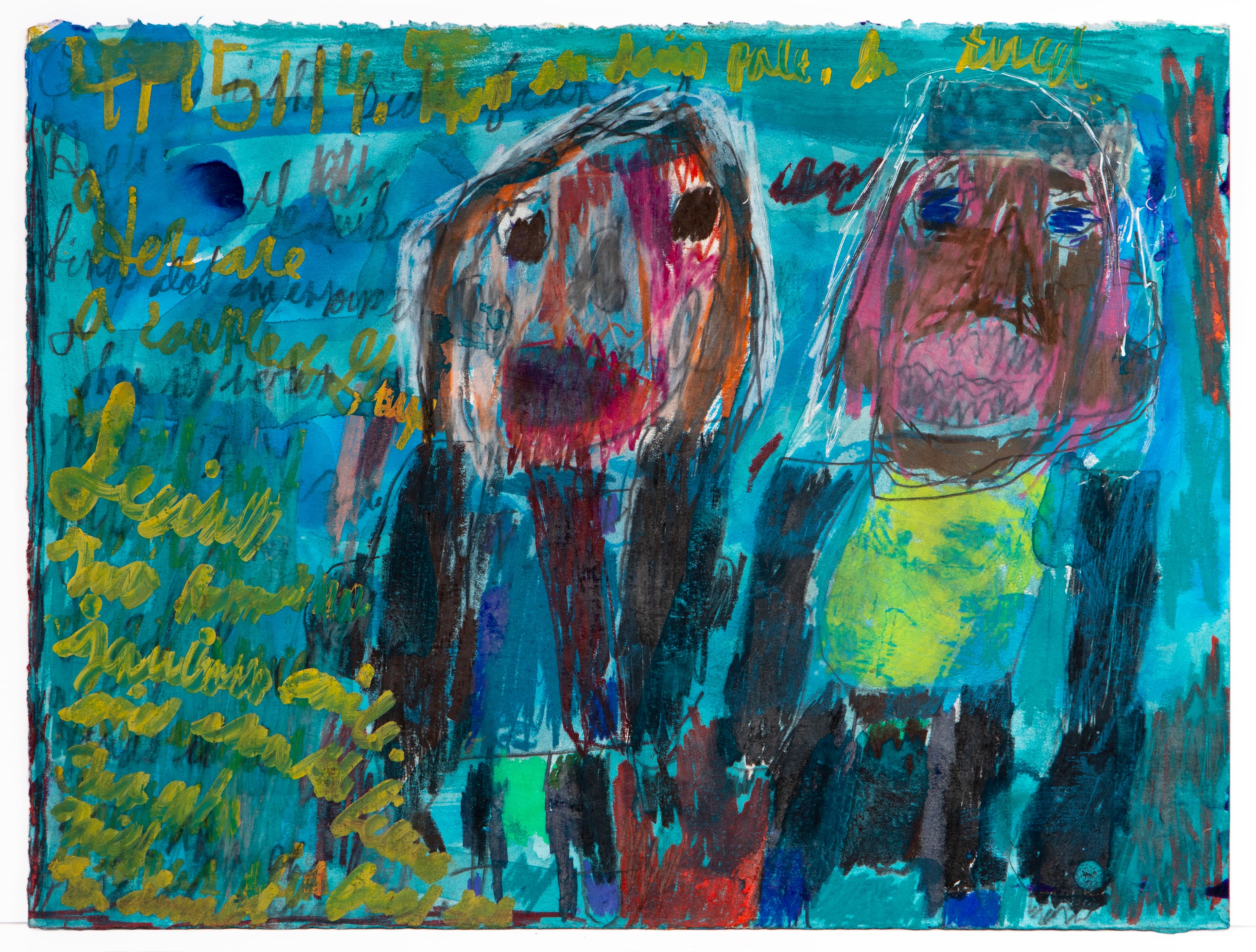 Mixed media artwork showing two expressive figures with open mouths on turquoise background with handwritten text