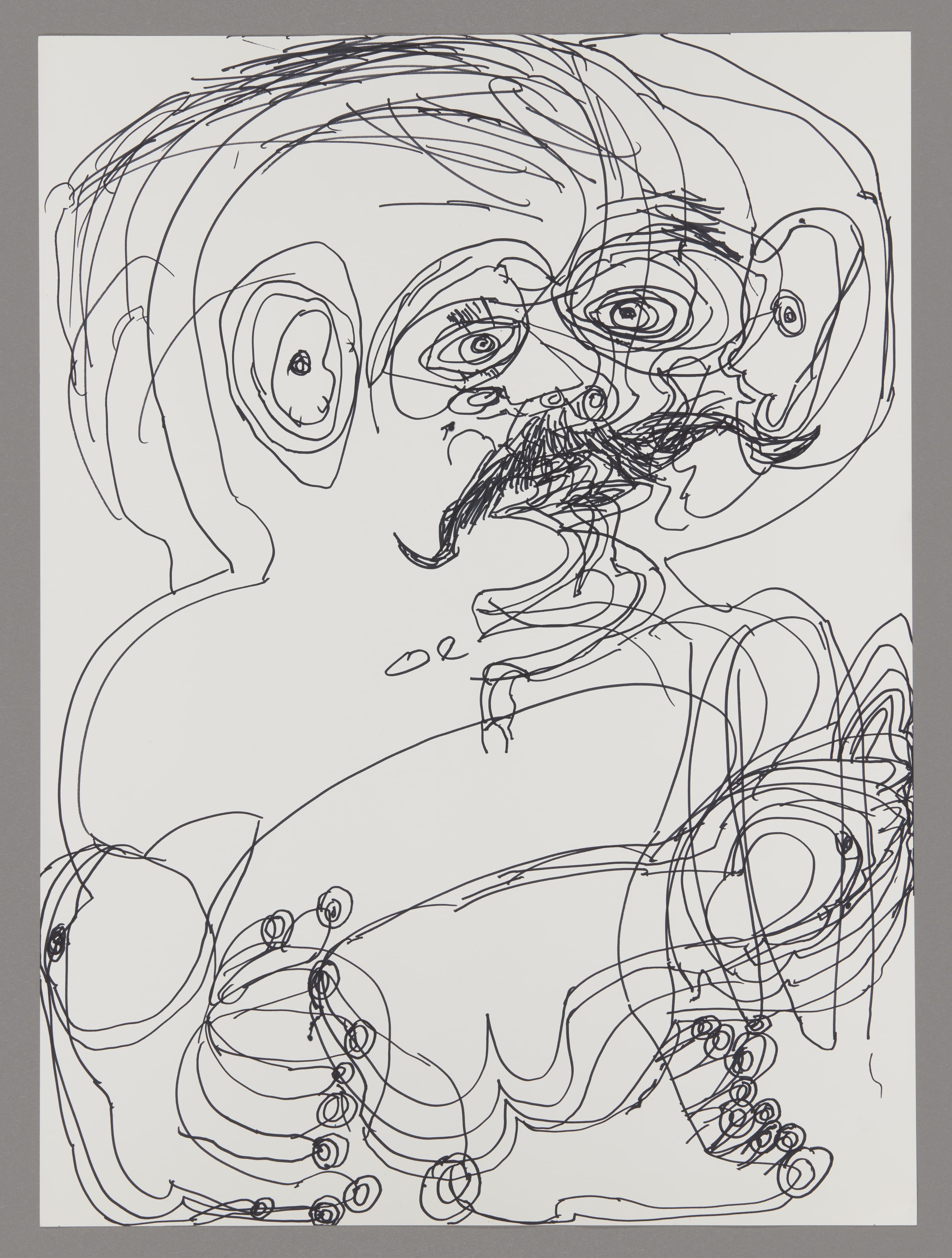Ink drawing of a figure with expressive face and mustache, flowing linear style on white paper