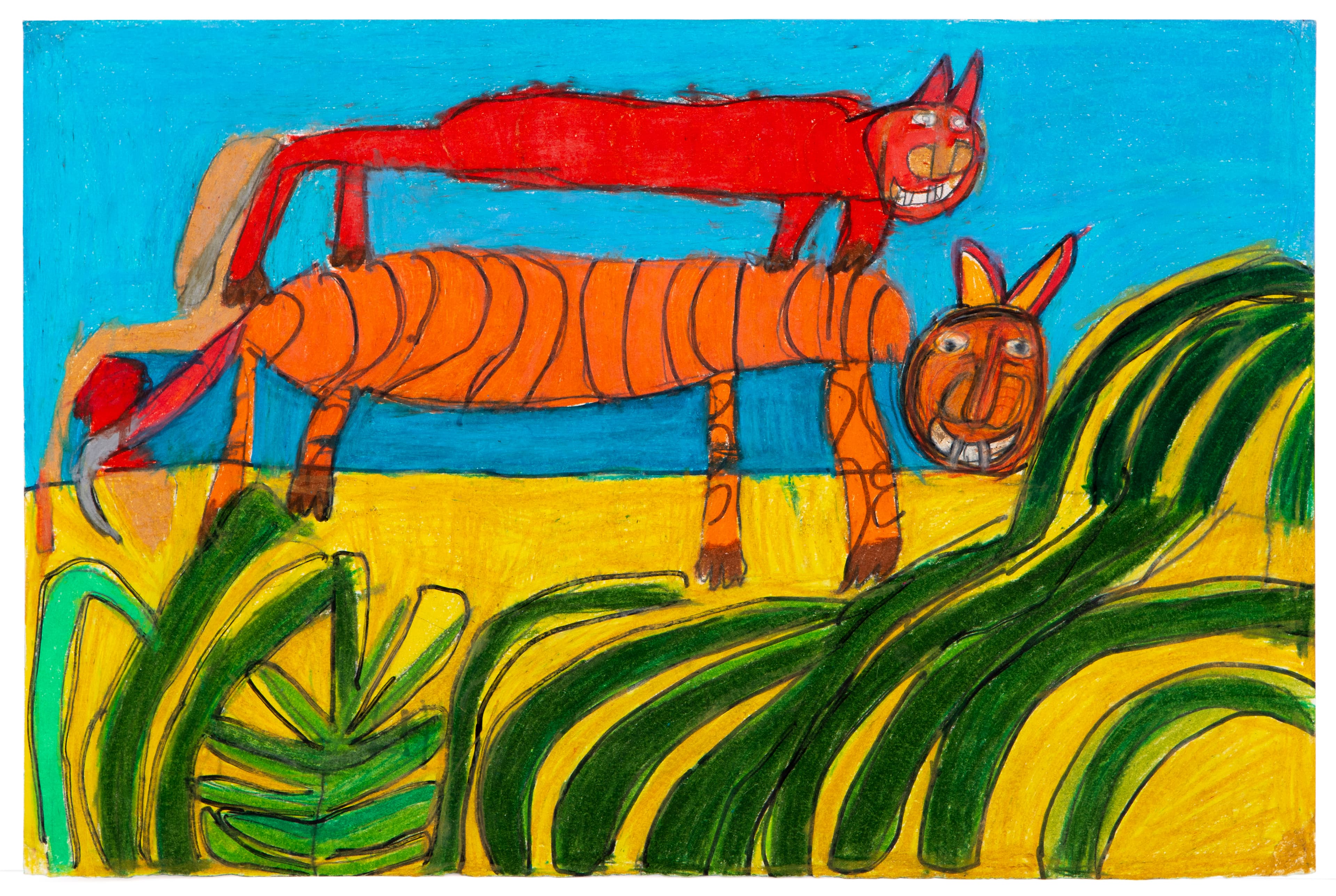Colorful drawing showing two animal-like creatures on a bridge over green and yellow foliage, ink and pastel on paper