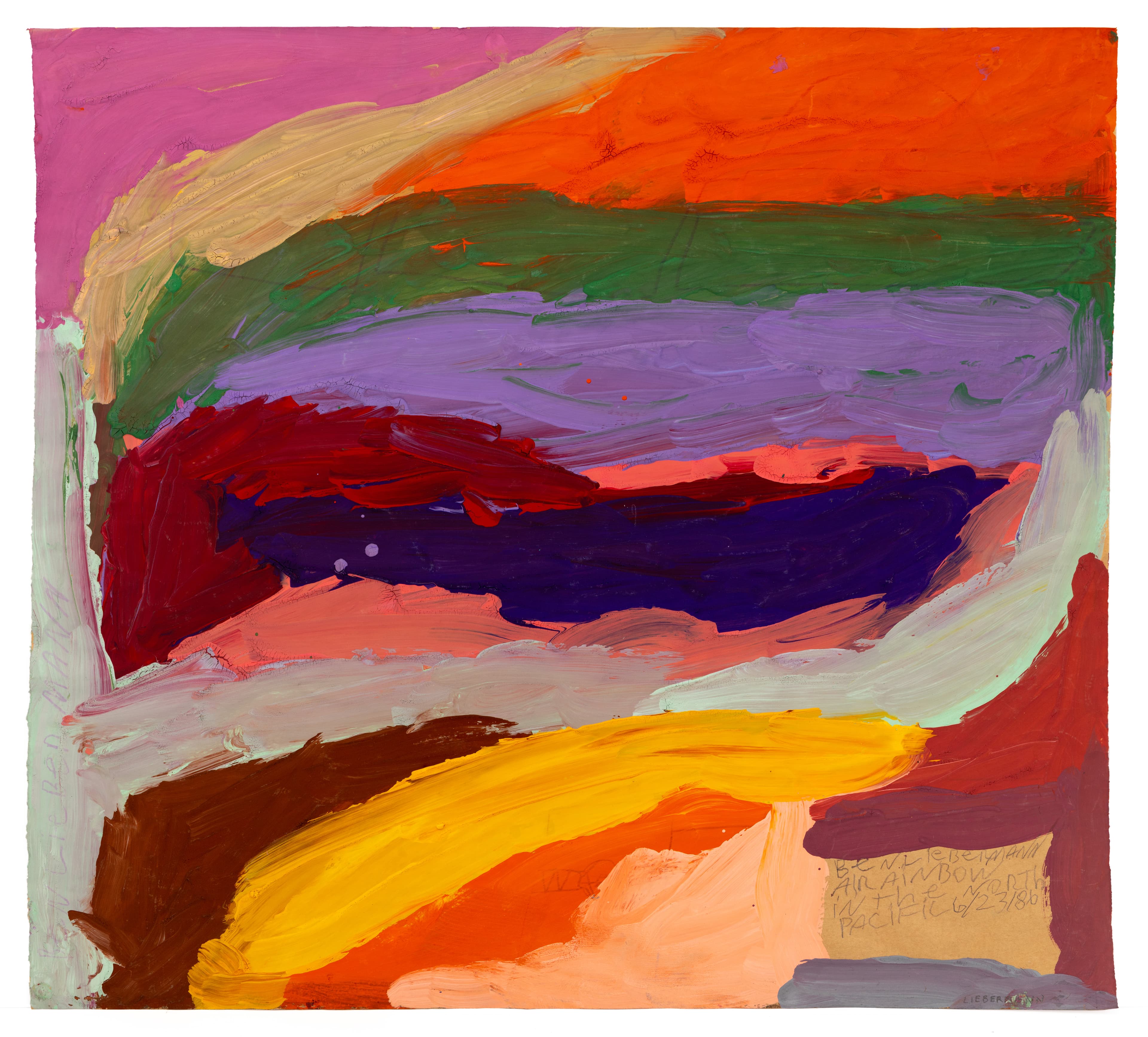 Abstract painting with flowing horizontal bands of bright colors including pink, orange, green, purple, and yellow