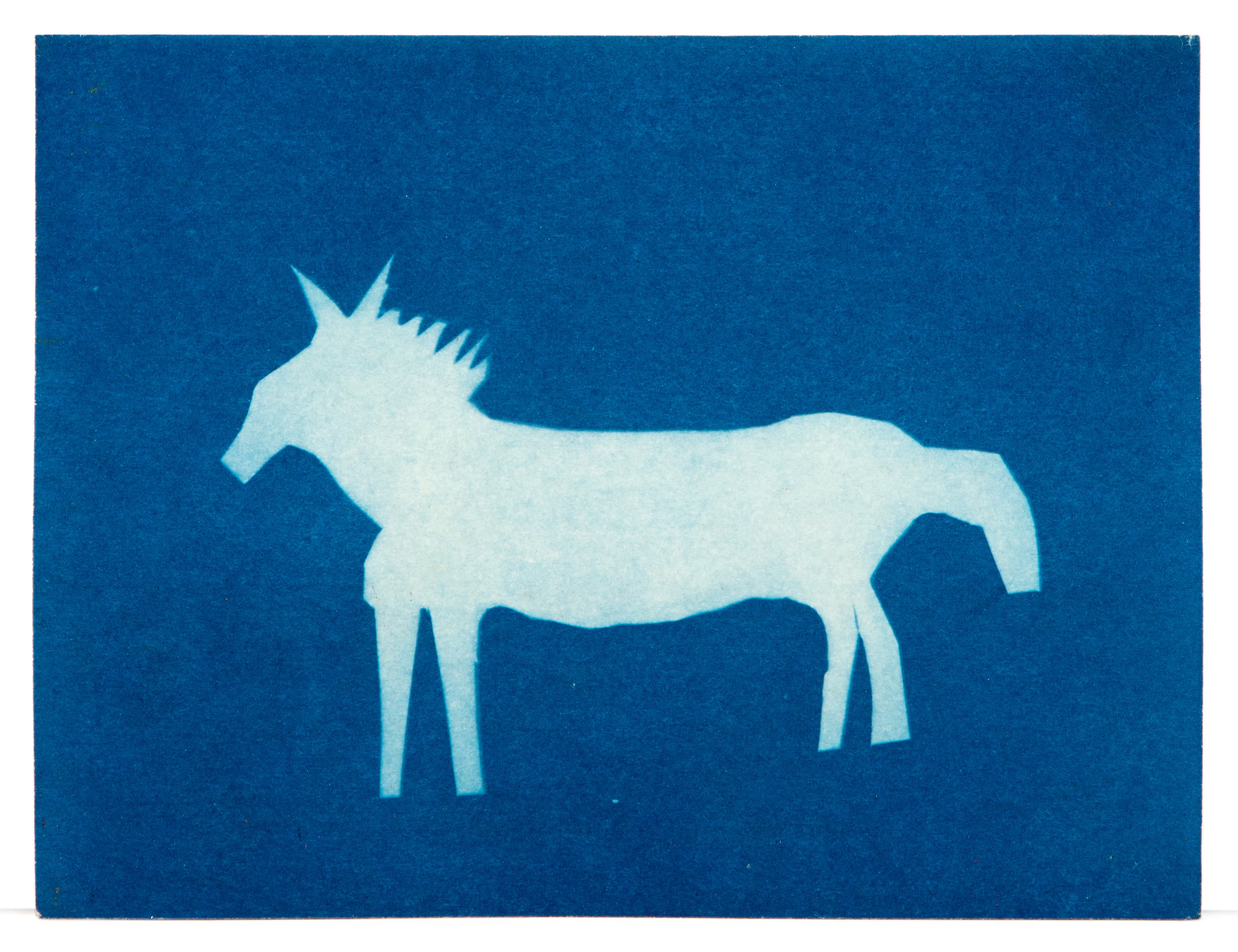 Cyanotype print showing white silhouette of unicorn against deep blue background