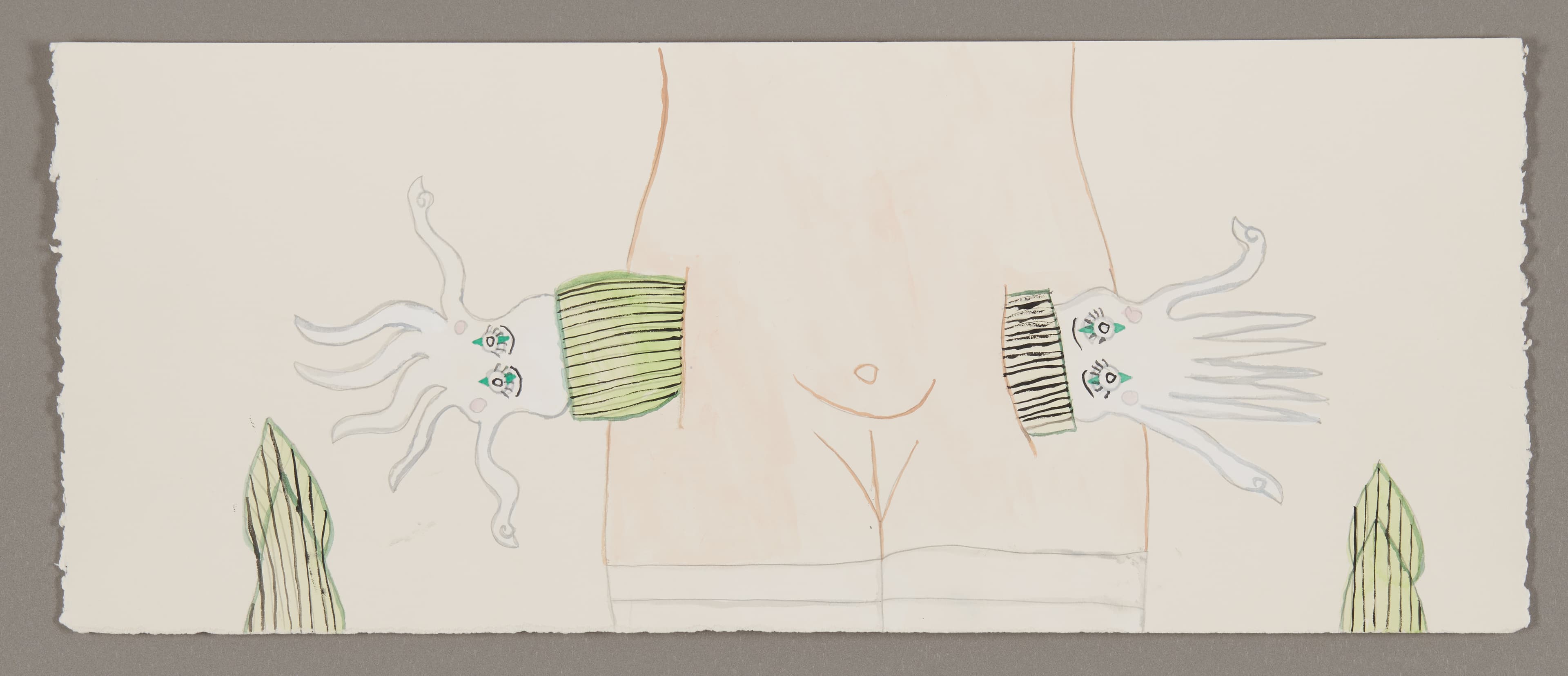 Watercolor drawing on paper showing a nude torso with flowing hair figures on either side and green plant-like forms