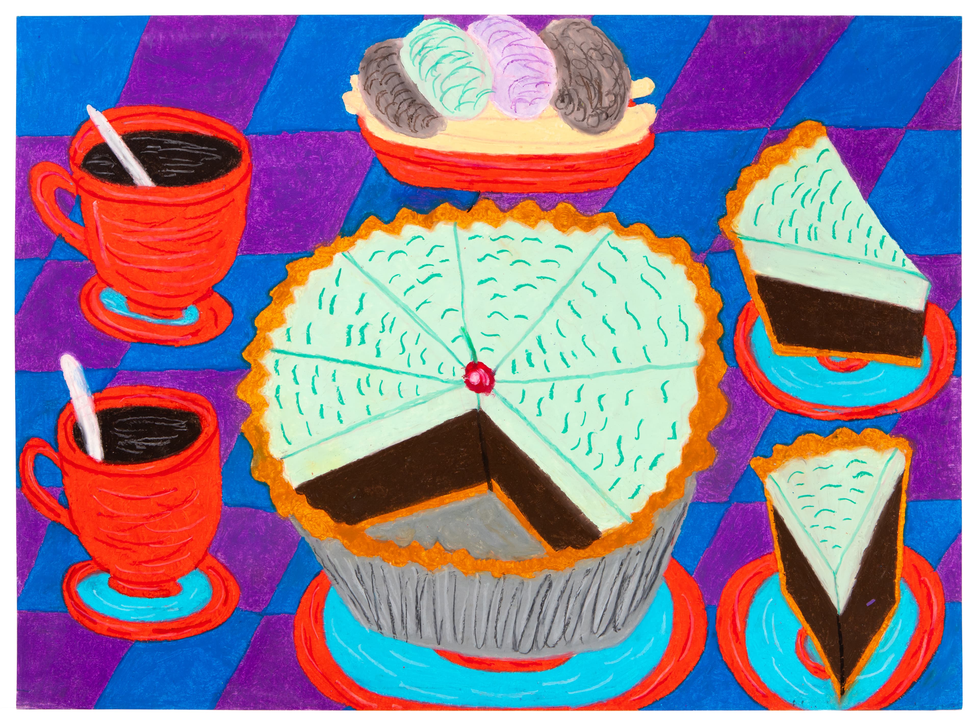 Pastel drawing of mint green pie with chocolate layer, coffee cups, and ice cream on blue and purple striped background