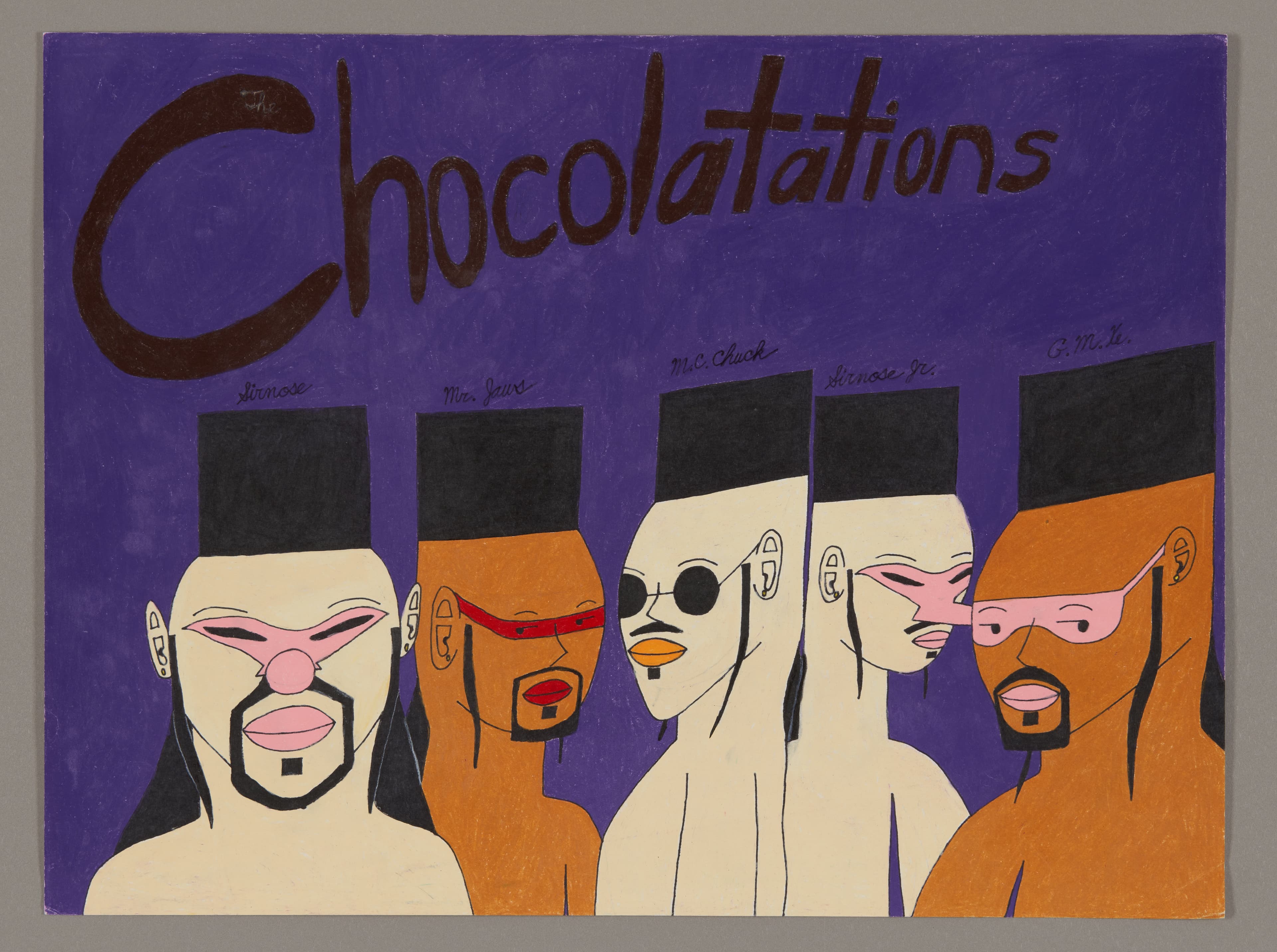 Drawing titled 'Chocolations' showing five stylized figures with black top hats on purple background, mixed media