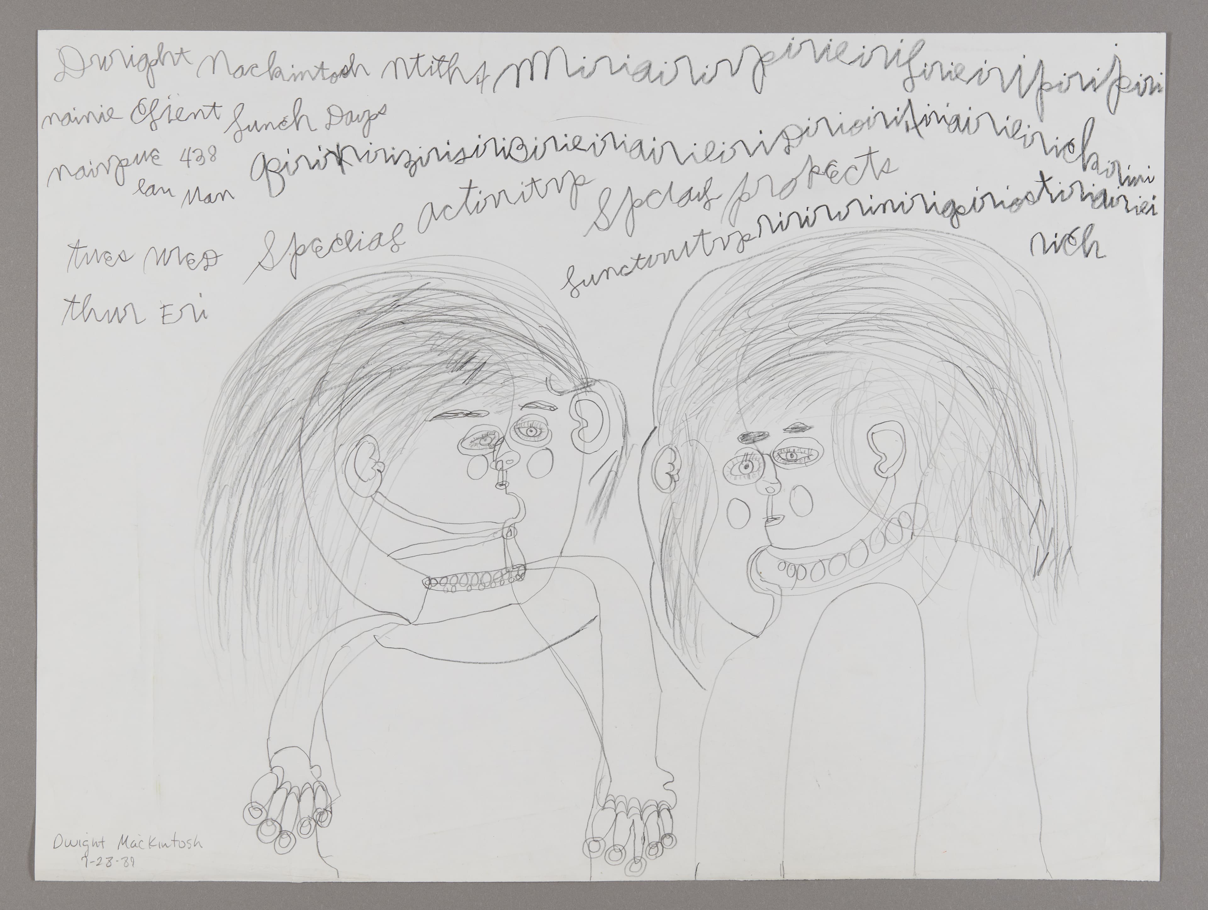 Graphite drawing on paper showing two portrait figures with long hair and detailed facial features