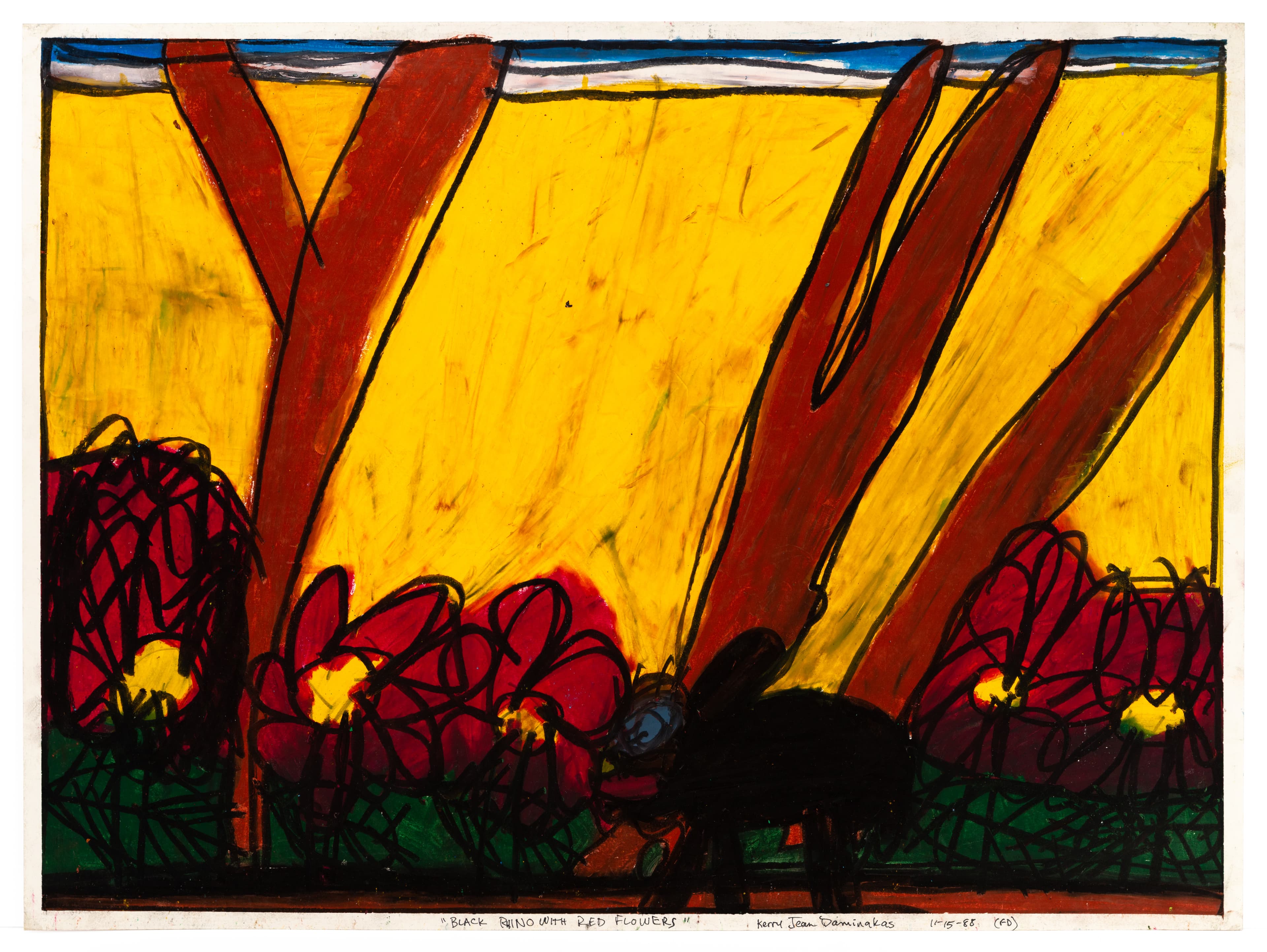 Drawing of black rhino with red flowers in yellow landscape, pastel on paper