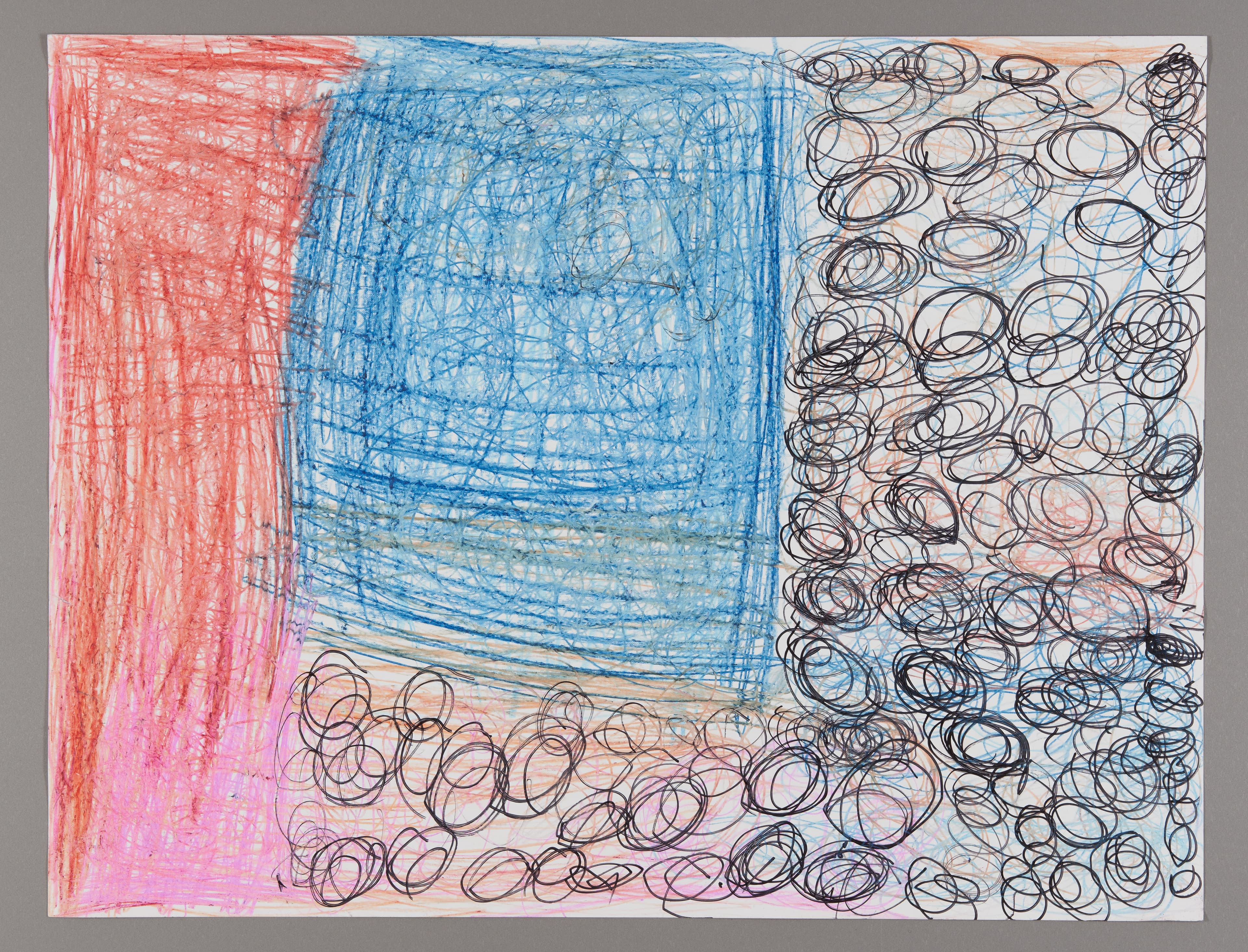 Abstract drawing with red and blue rectangular sections and black circular scribbles, oil pastel and marker on paper